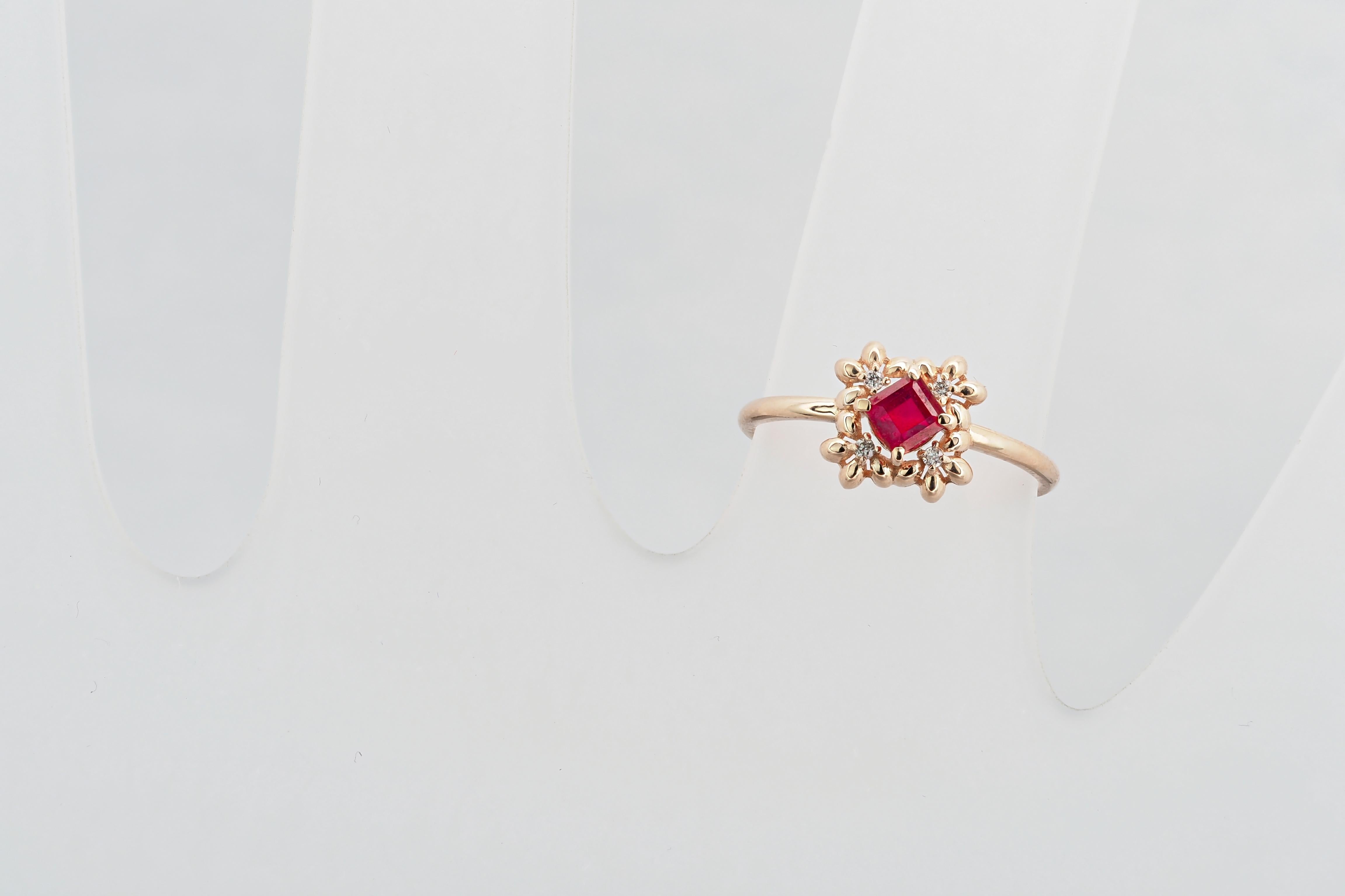 For Sale:  14 karat Gold Ring with Ruby and Diamonds 7