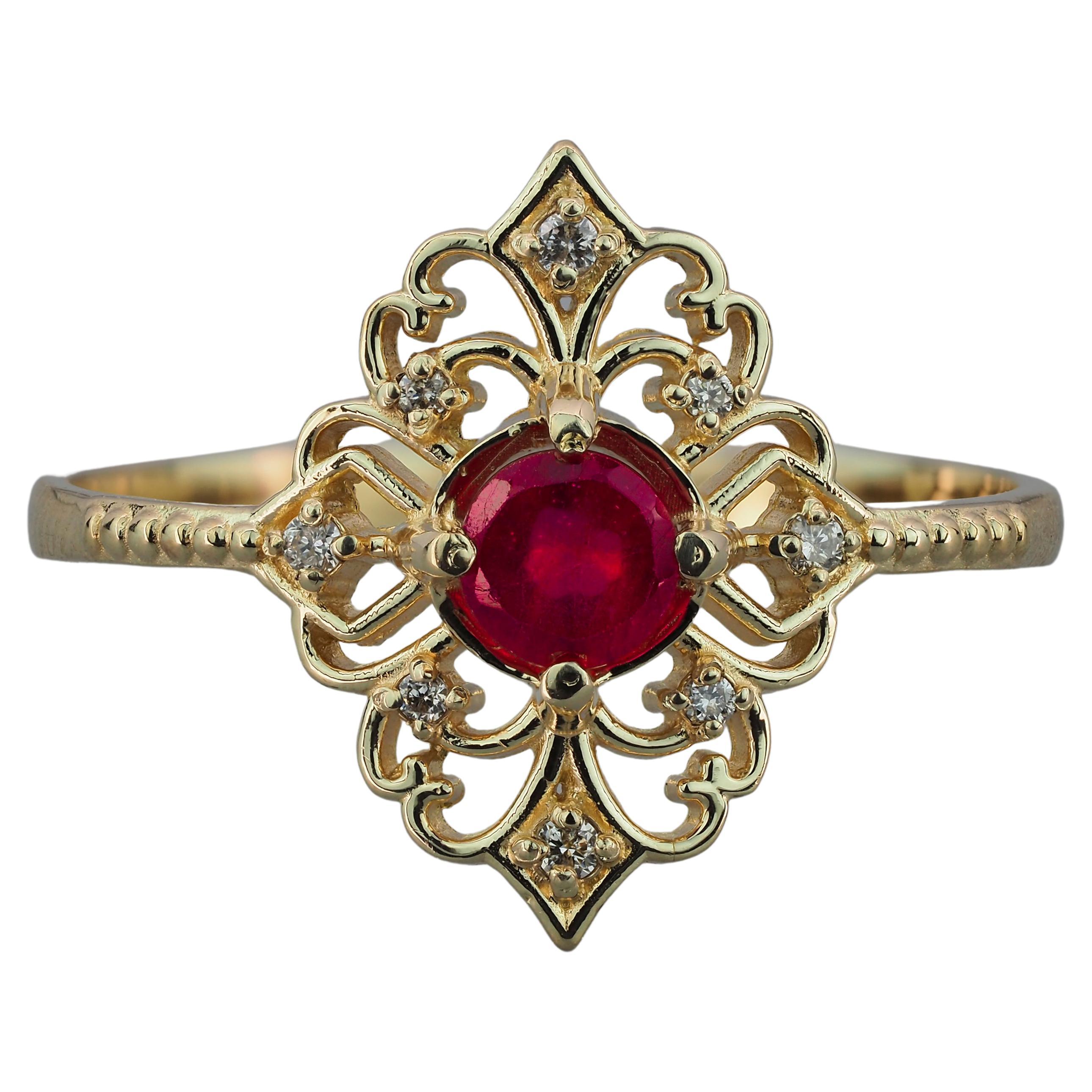 14 karat Gold Ring with Ruby and Diamonds. Vintage style ruby ring