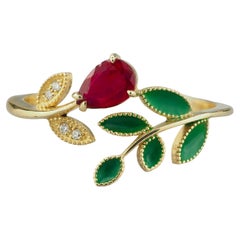 14k Gold Ring with Ruby and Diamonds, Leaves, Branch Gold Ring, Ring with Enamel
