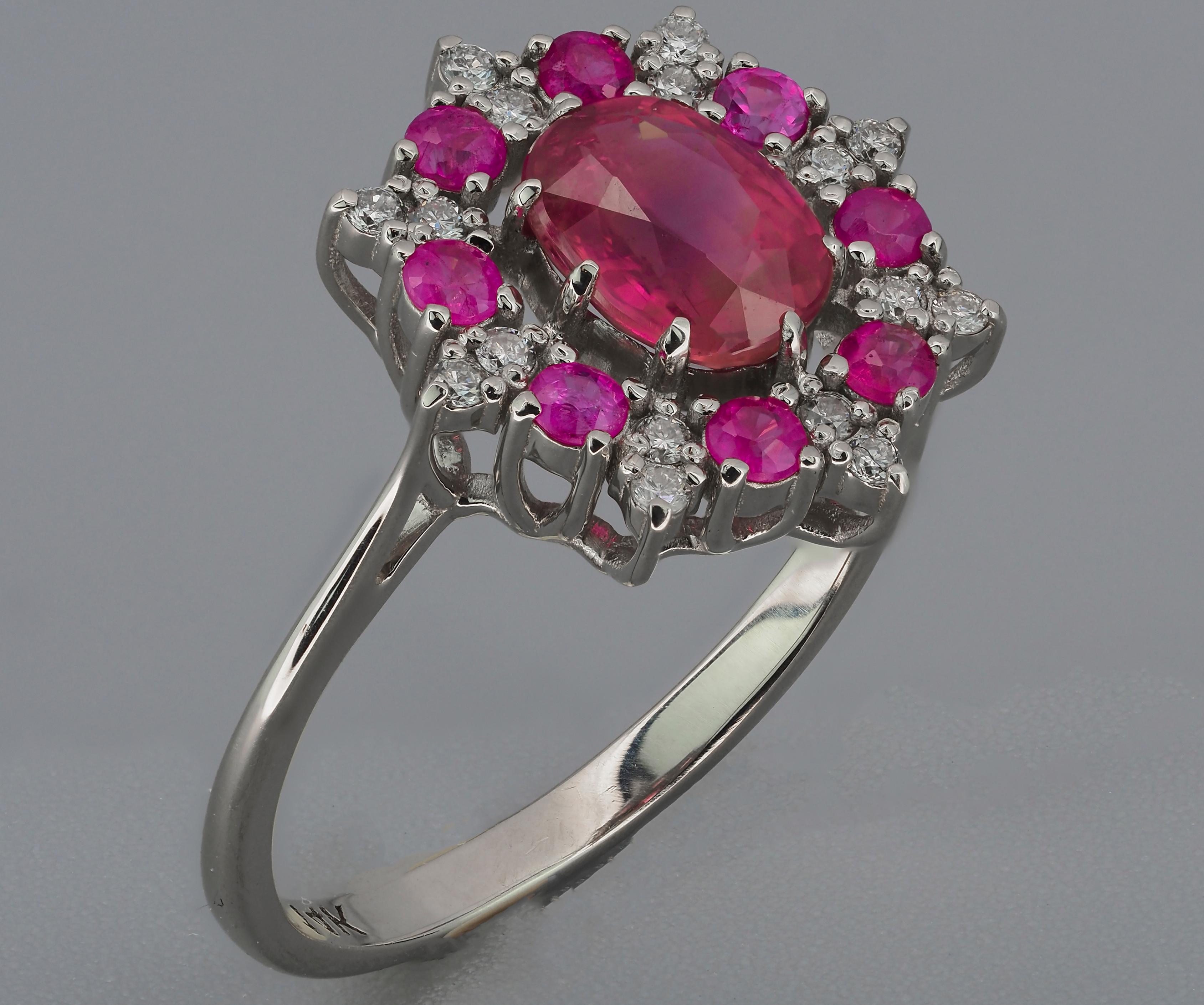 For Sale:  14 karat Gold Ring with Ruby and Diamonds. Snowflake Gold Ring 10