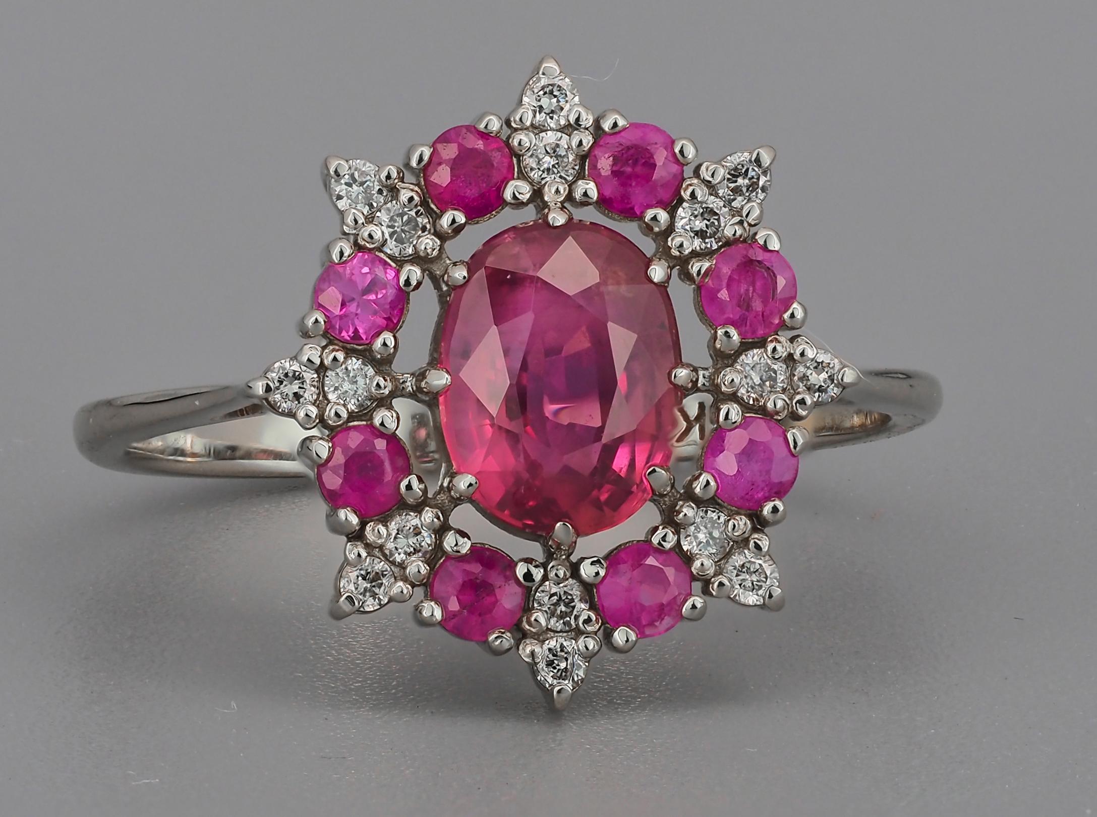 For Sale:  14 karat Gold Ring with Ruby and Diamonds. Snowflake Gold Ring 4