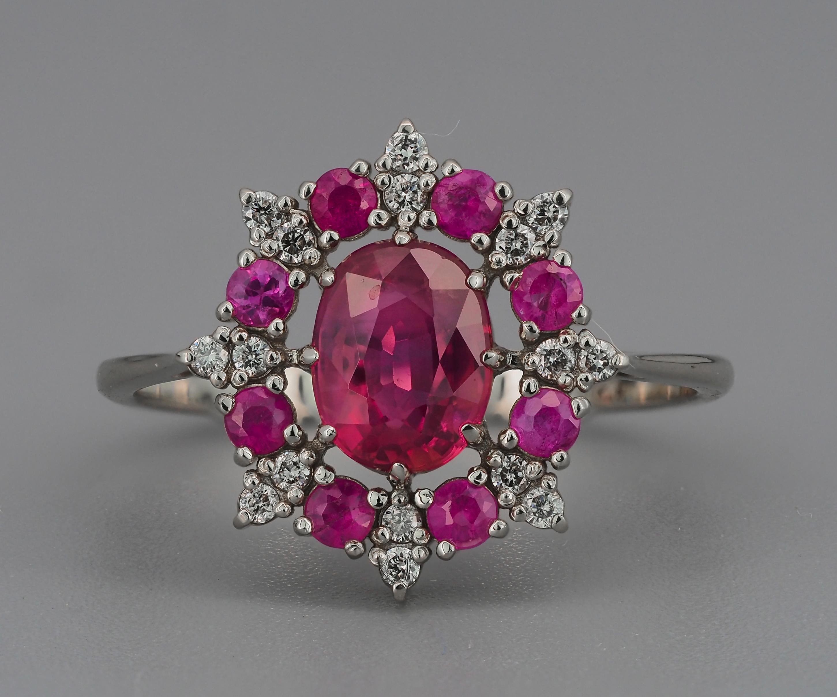For Sale:  14 karat Gold Ring with Ruby and Diamonds. Snowflake Gold Ring 5