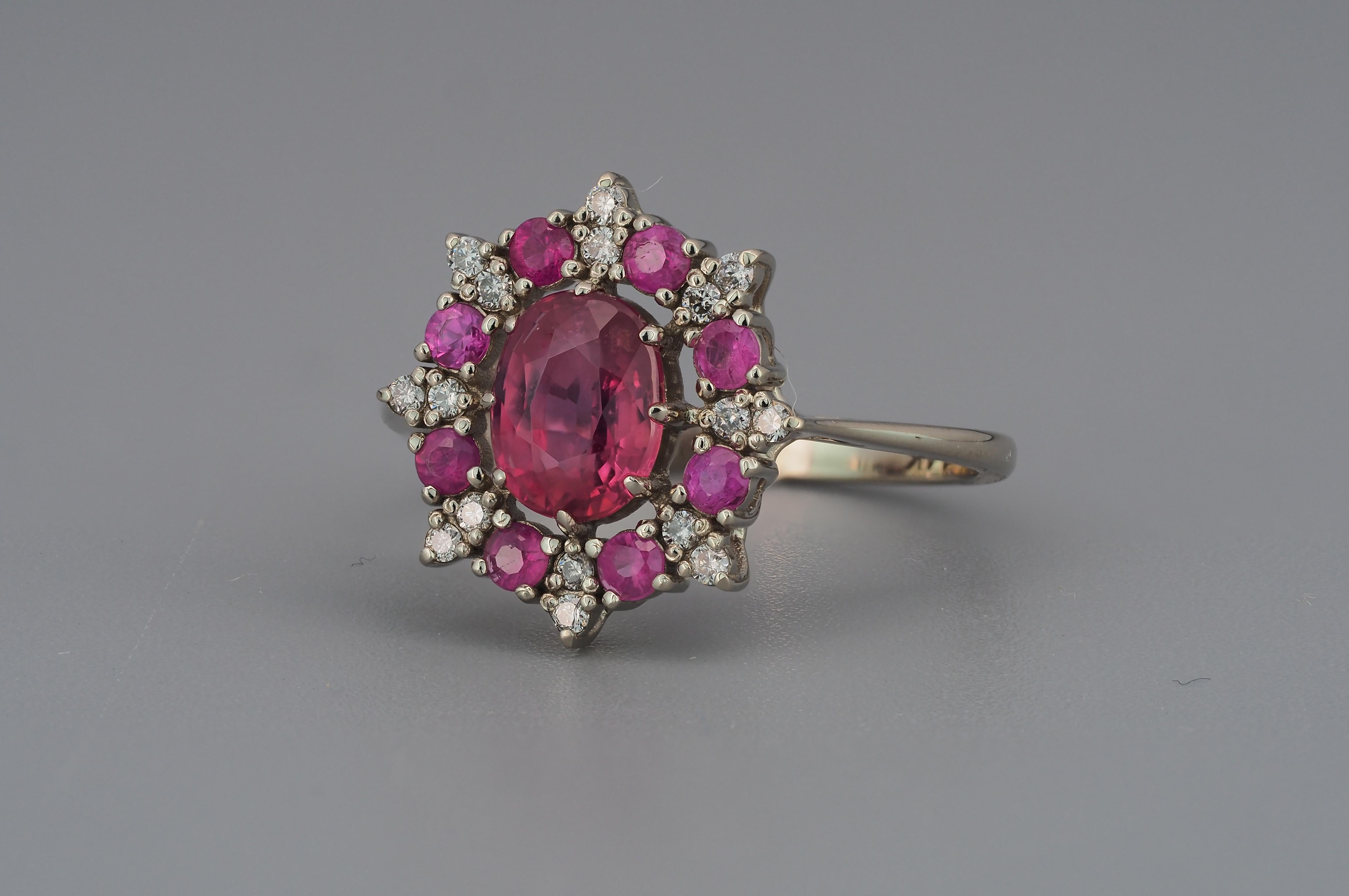 For Sale:  14 karat Gold Ring with Ruby and Diamonds. Snowflake Gold Ring 6