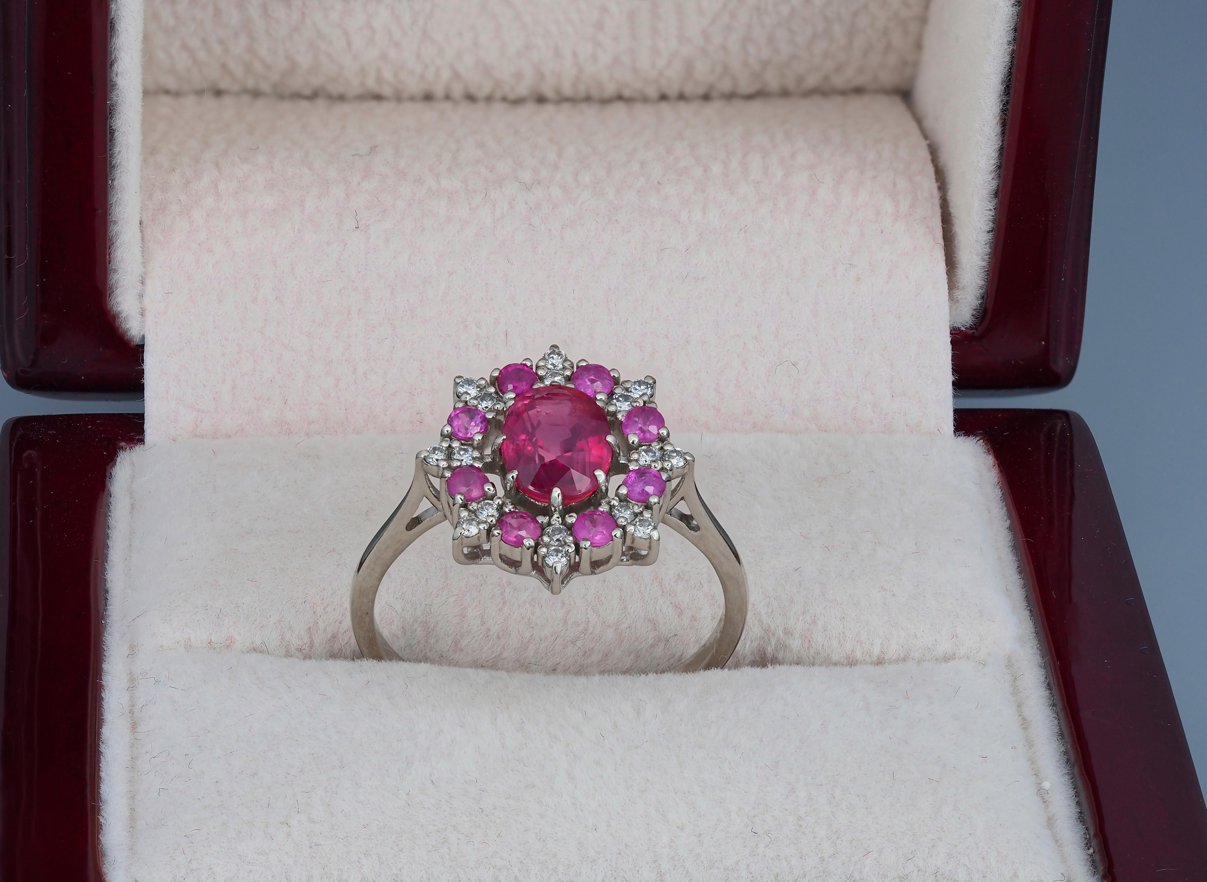 For Sale:  14 karat Gold Ring with Ruby and Diamonds. Snowflake Gold Ring 7