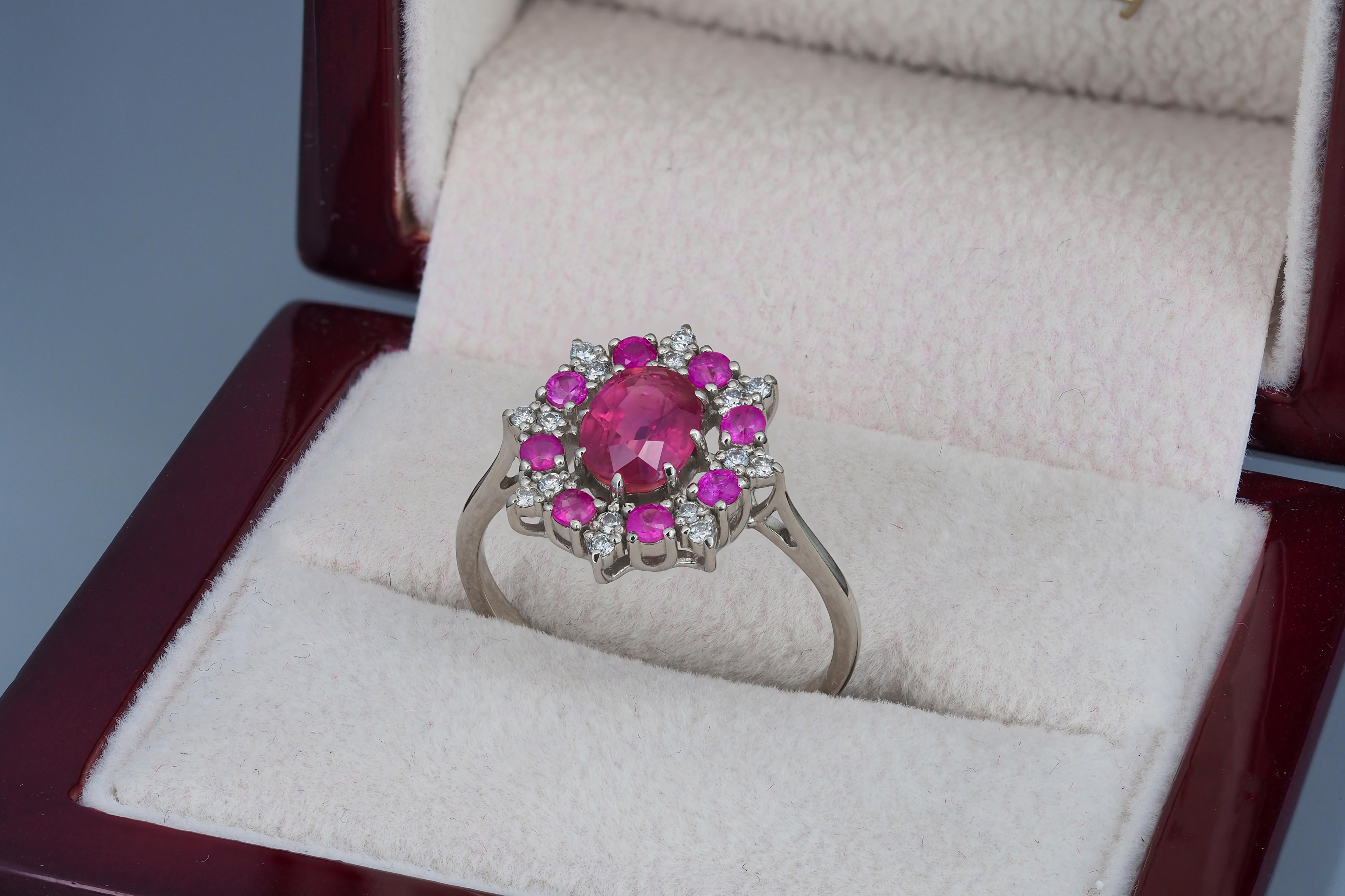For Sale:  14 karat Gold Ring with Ruby and Diamonds. Snowflake Gold Ring 8