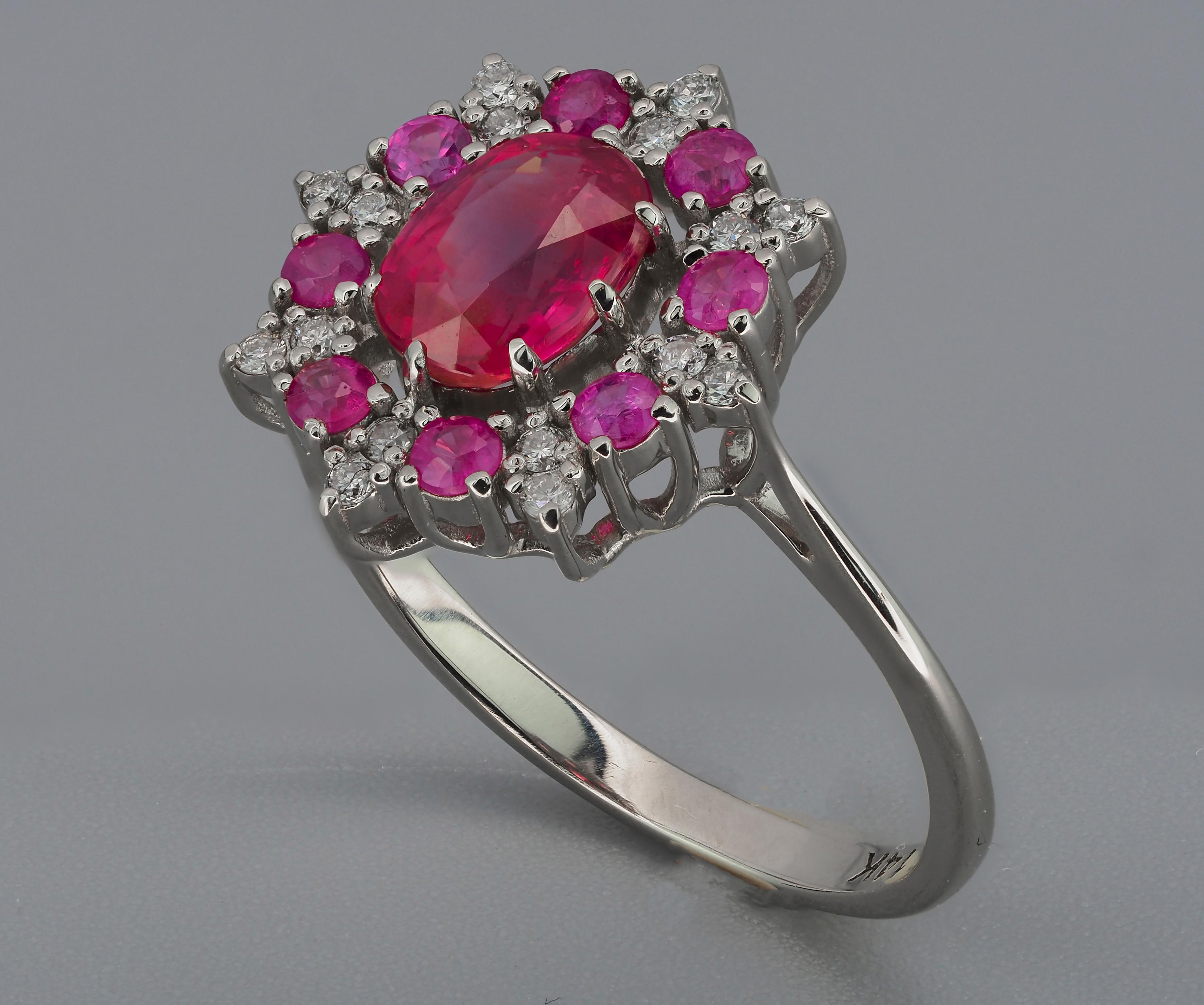 For Sale:  14 karat Gold Ring with Ruby and Diamonds. Snowflake Gold Ring 9