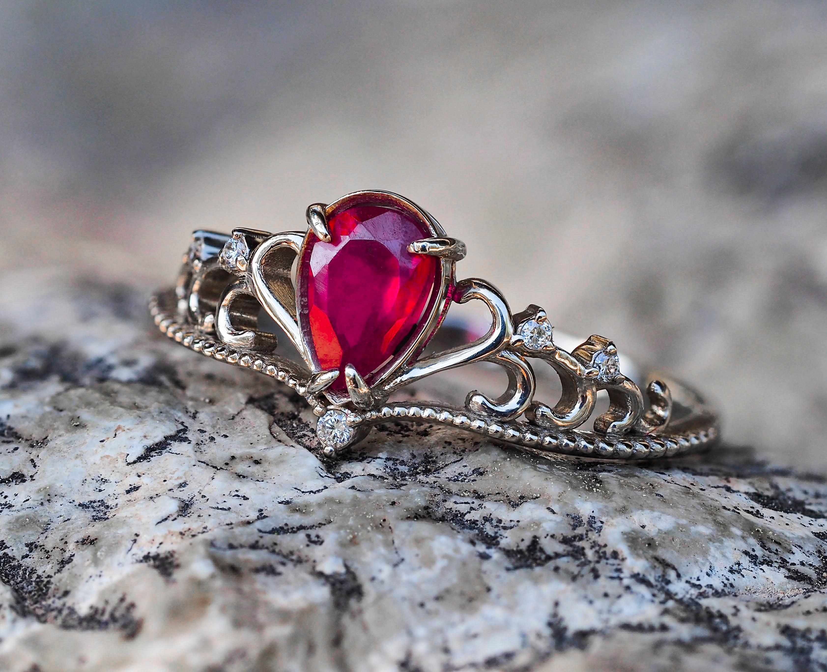 For Sale:  14 karat Gold Ring with Ruby and Diamonds, Tiara Ring. July birthstone ring 2