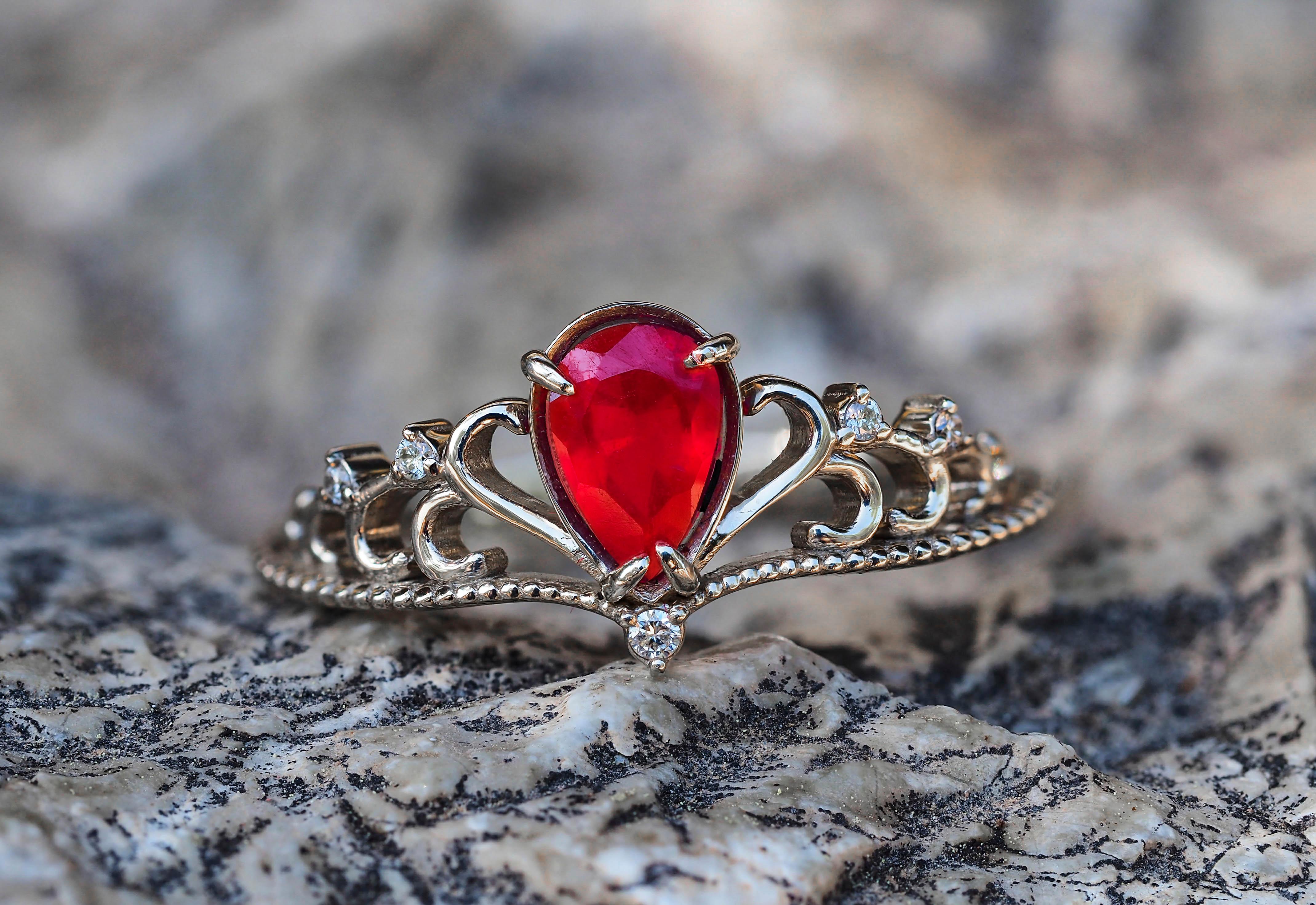 For Sale:  14 karat Gold Ring with Ruby and Diamonds, Tiara Ring. July birthstone ring 3