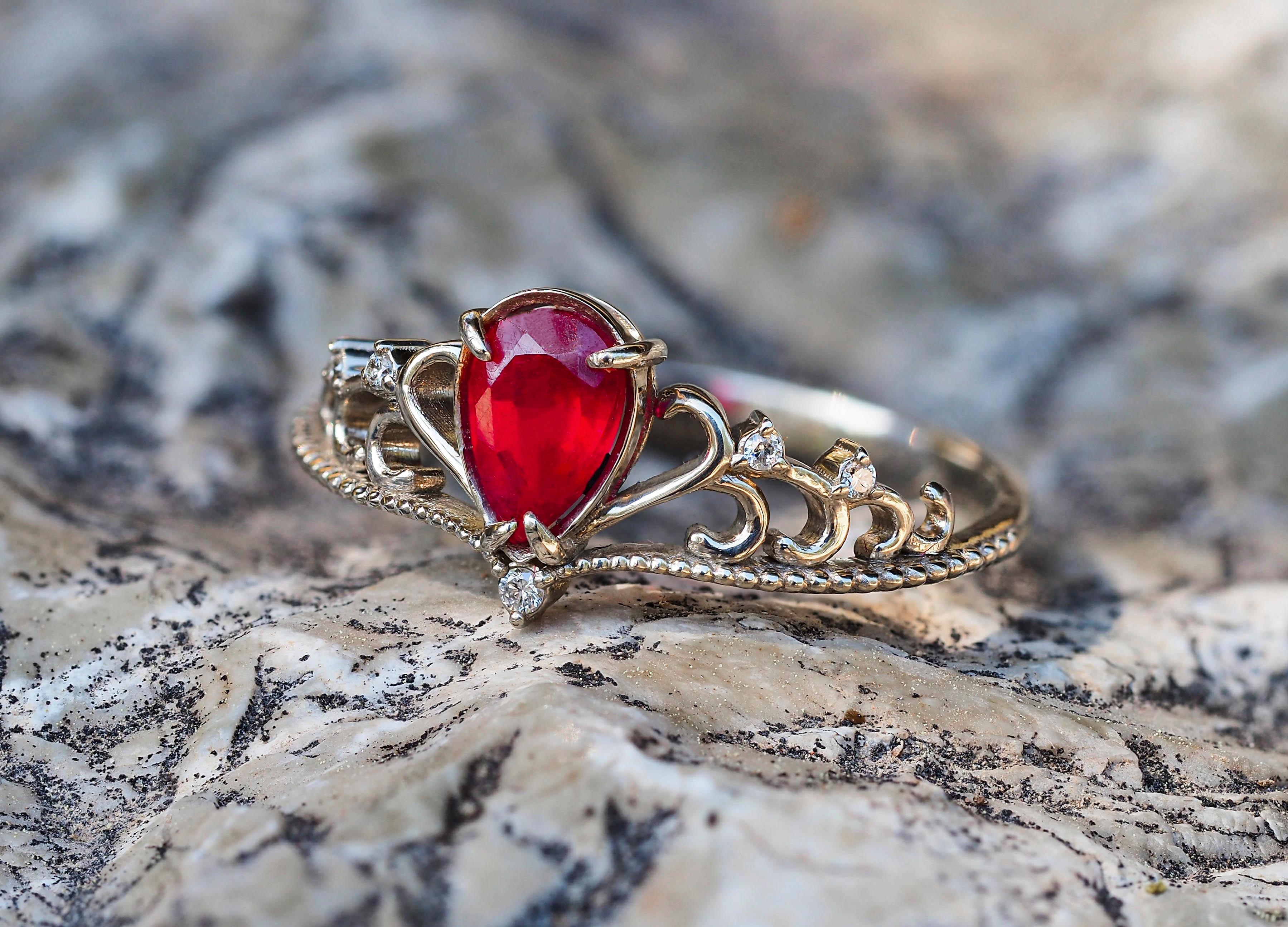 For Sale:  14 karat Gold Ring with Ruby and Diamonds, Tiara Ring. July birthstone ring 4