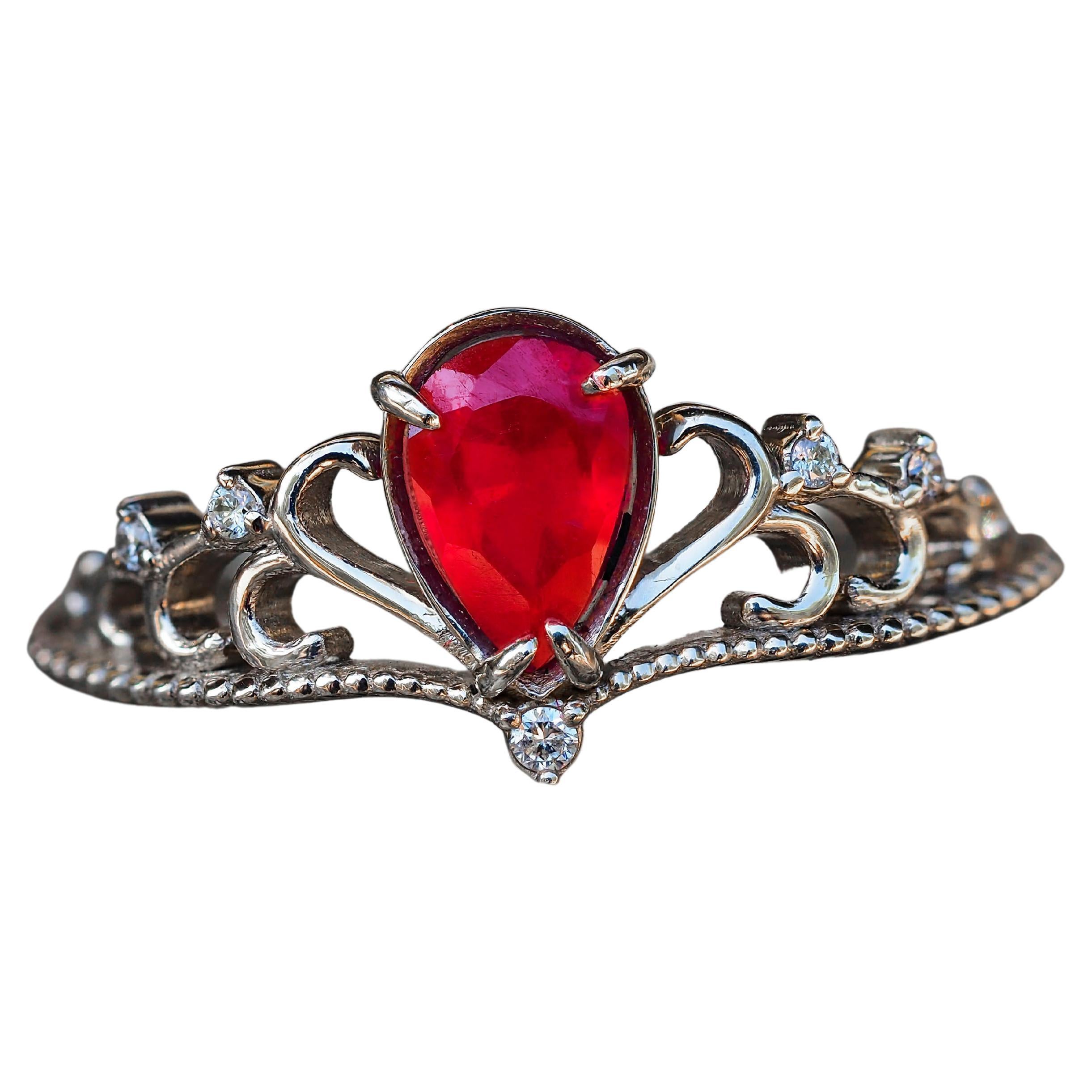 14 karat Gold Ring with Ruby and Diamonds, Tiara Ring. July birthstone ring