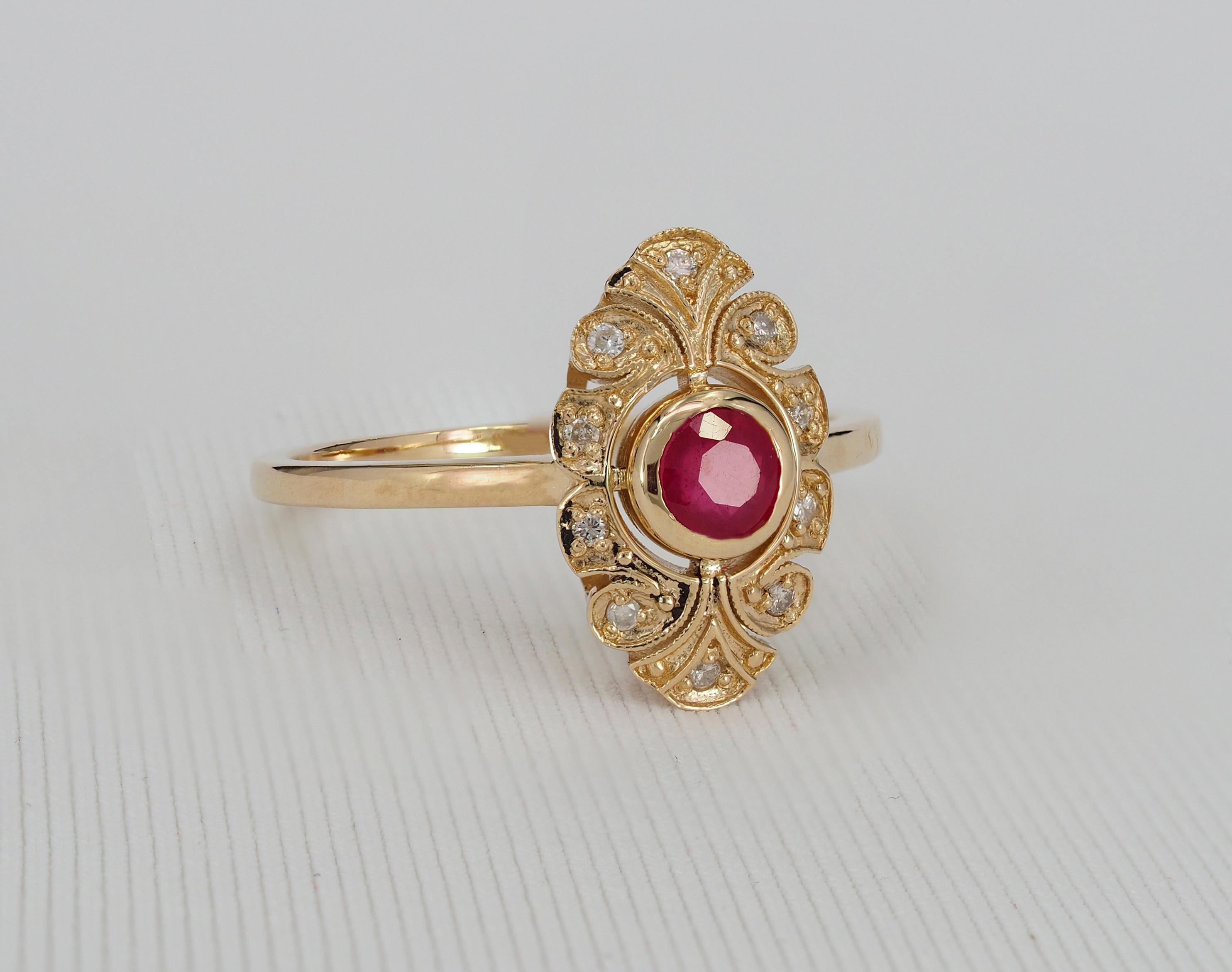 For Sale:  14 karat Gold Ring with Ruby and Diamonds, Vintage Inspired Ring.  4