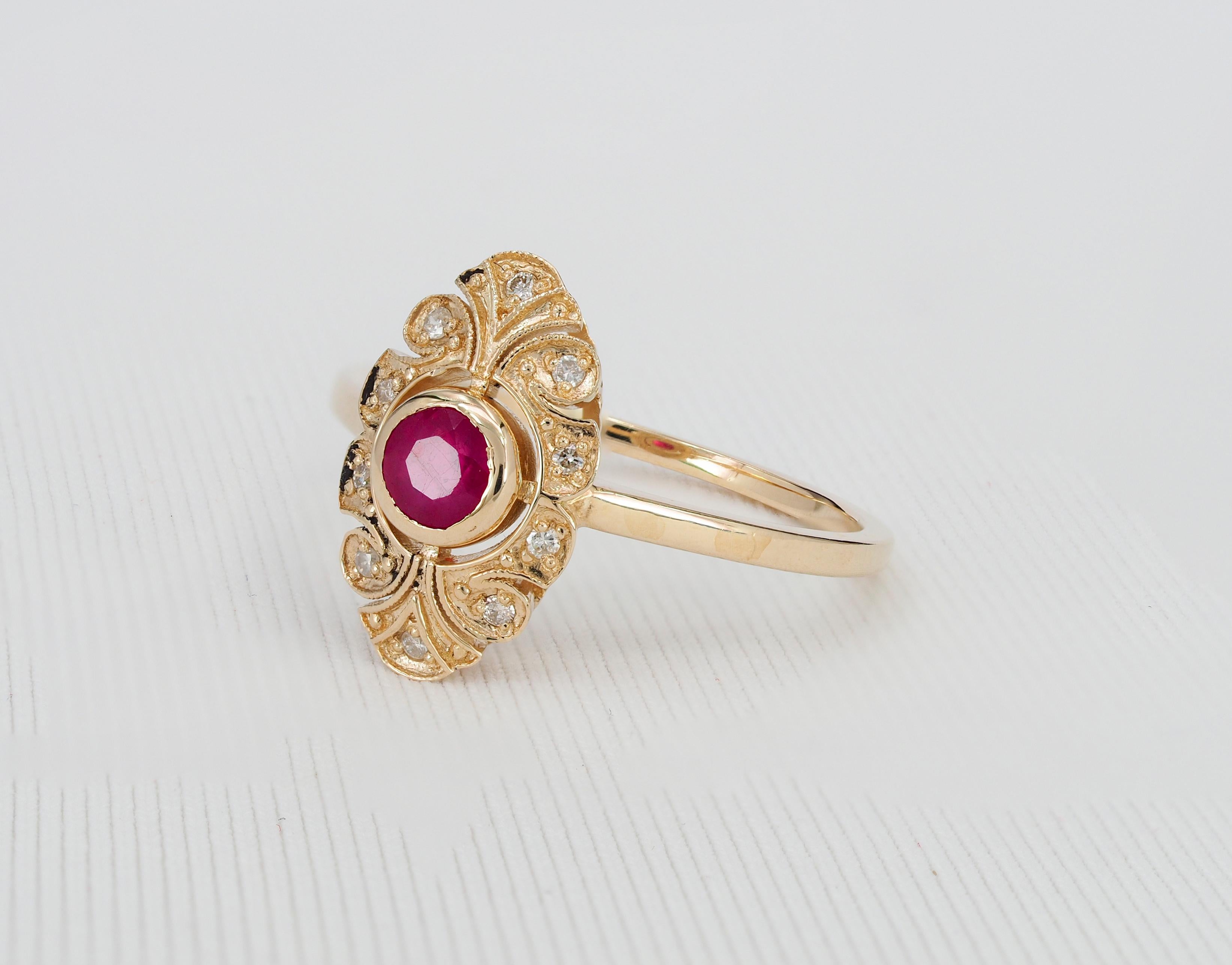 For Sale:  14 karat Gold Ring with Ruby and Diamonds, Vintage Inspired Ring.  5