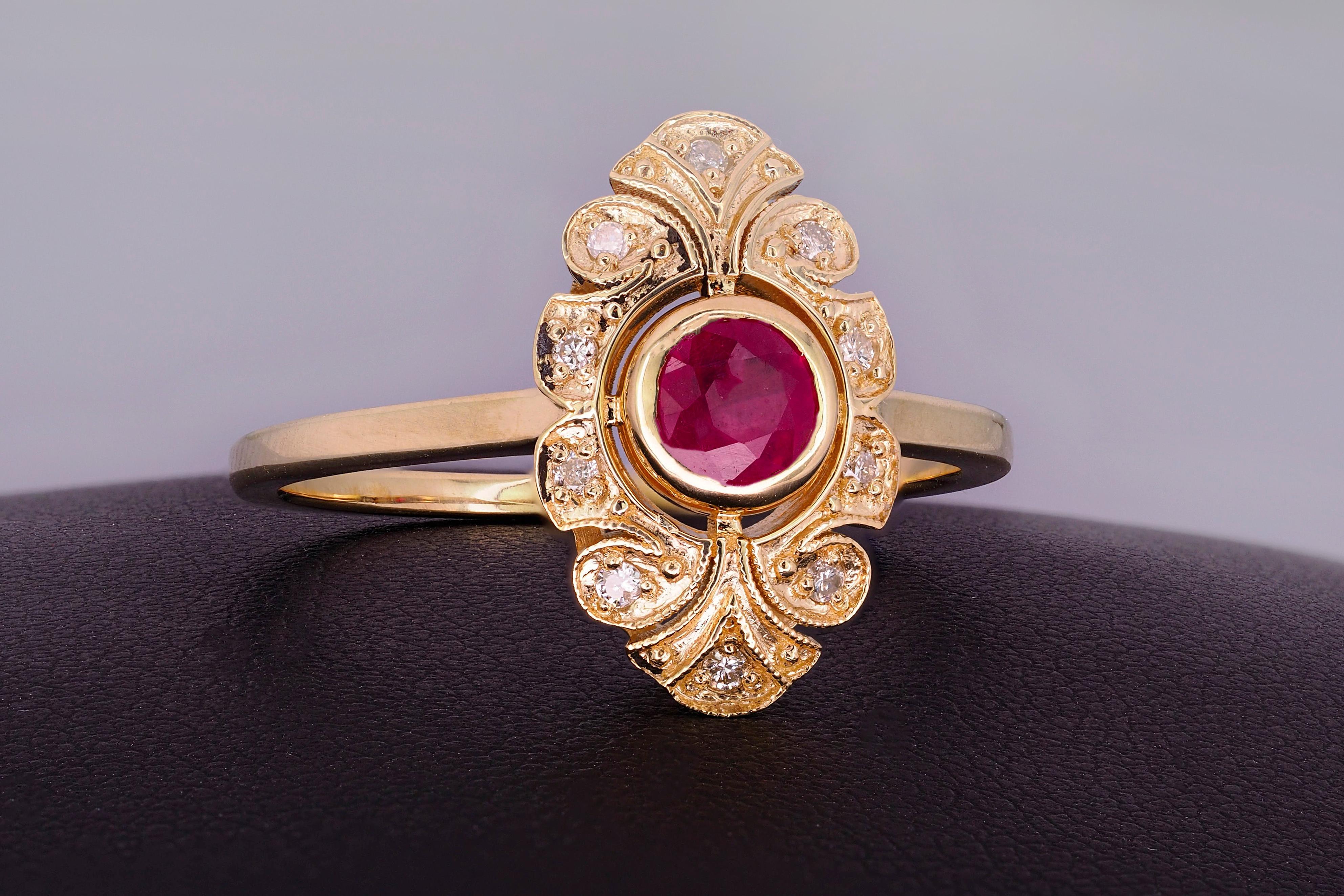 For Sale:  14 karat Gold Ring with Ruby and Diamonds, Vintage Inspired Ring.  7