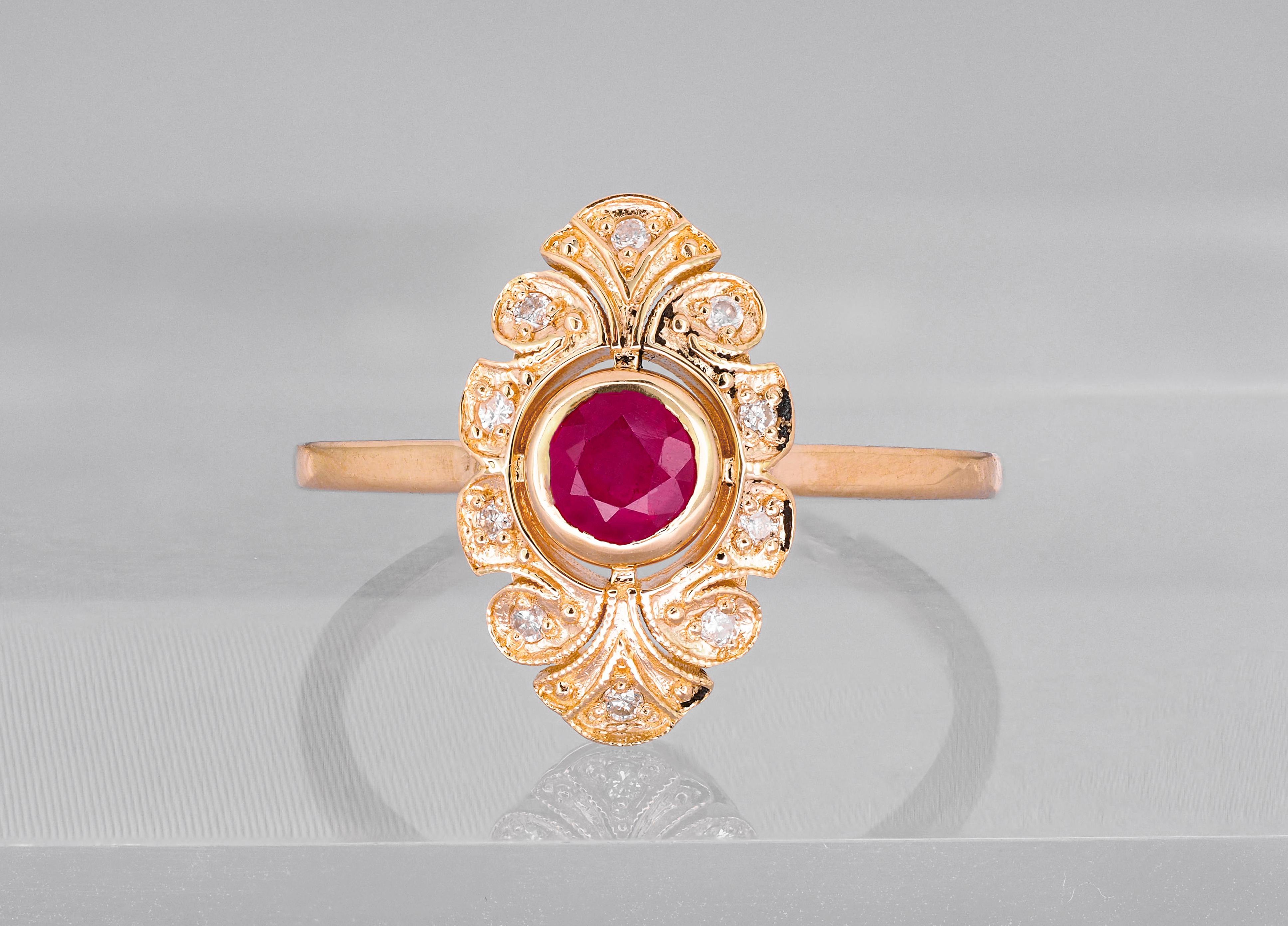 For Sale:  14 karat Gold Ring with Ruby and Diamonds, Vintage Inspired Ring.  9
