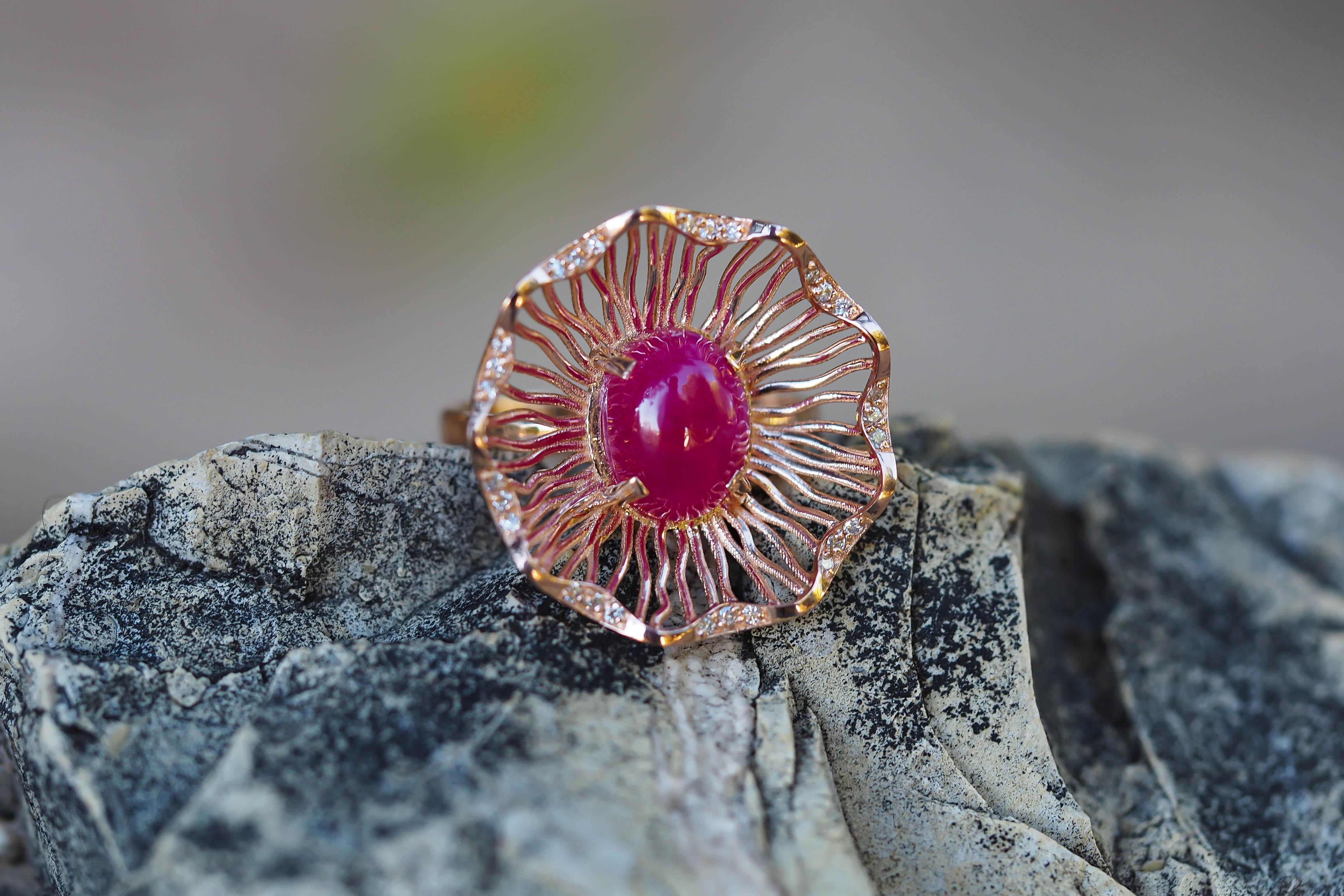 Im Angebot: 14 Karat Gold Ring mit Rubin und Diamanten, Vintage-inspirierter Ring mit Rubin () 11