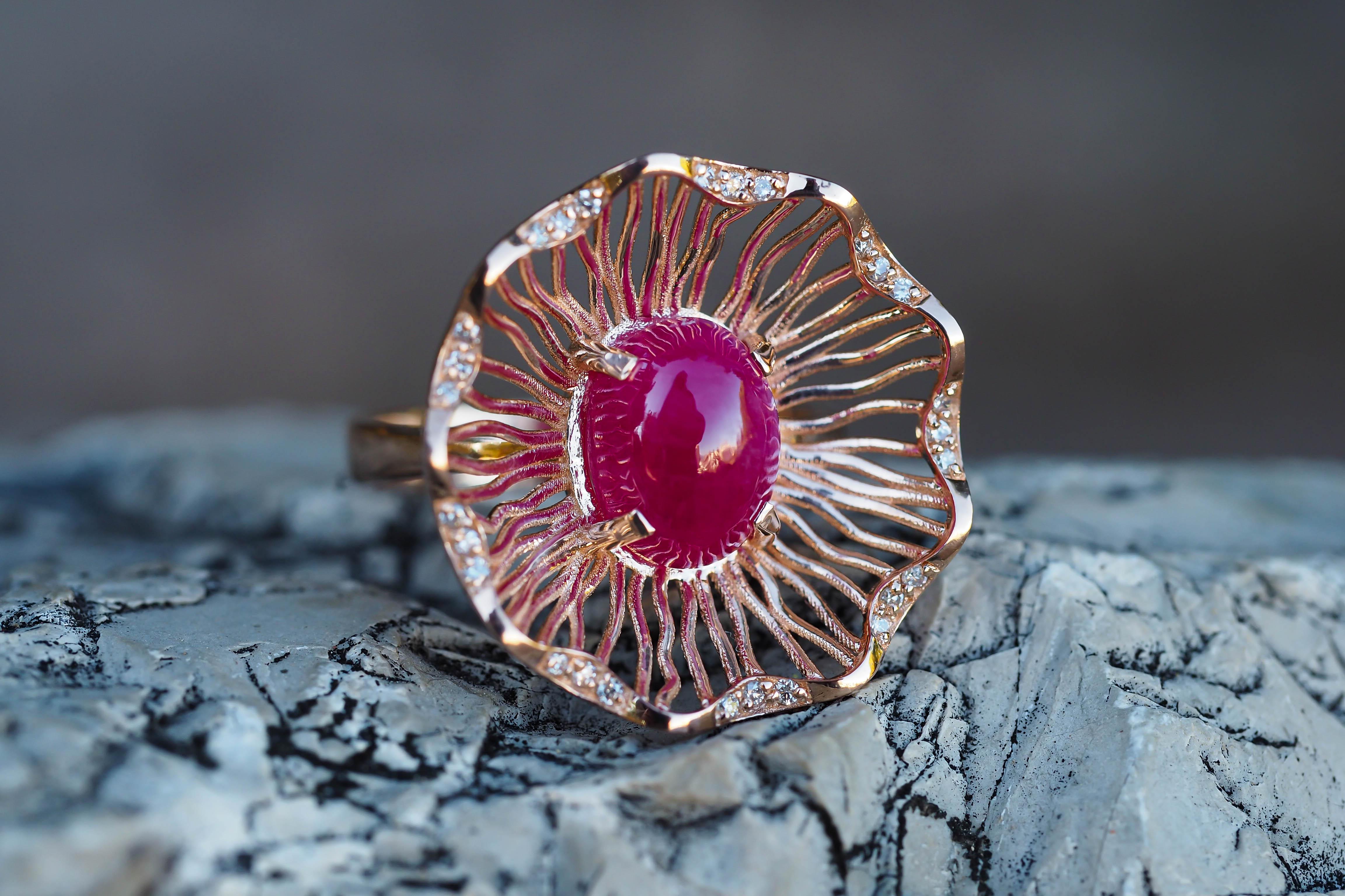 For Sale:  14k Gold Ring with Ruby and Diamonds, Vintage Inspired Ring with Ruby 8