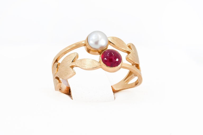 Customizable Two gemstone: ruby and pearl 14k gold ring For Sale