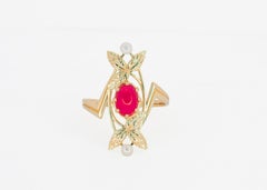 Vintage inspired oval ruby, pearl 14k gold ring