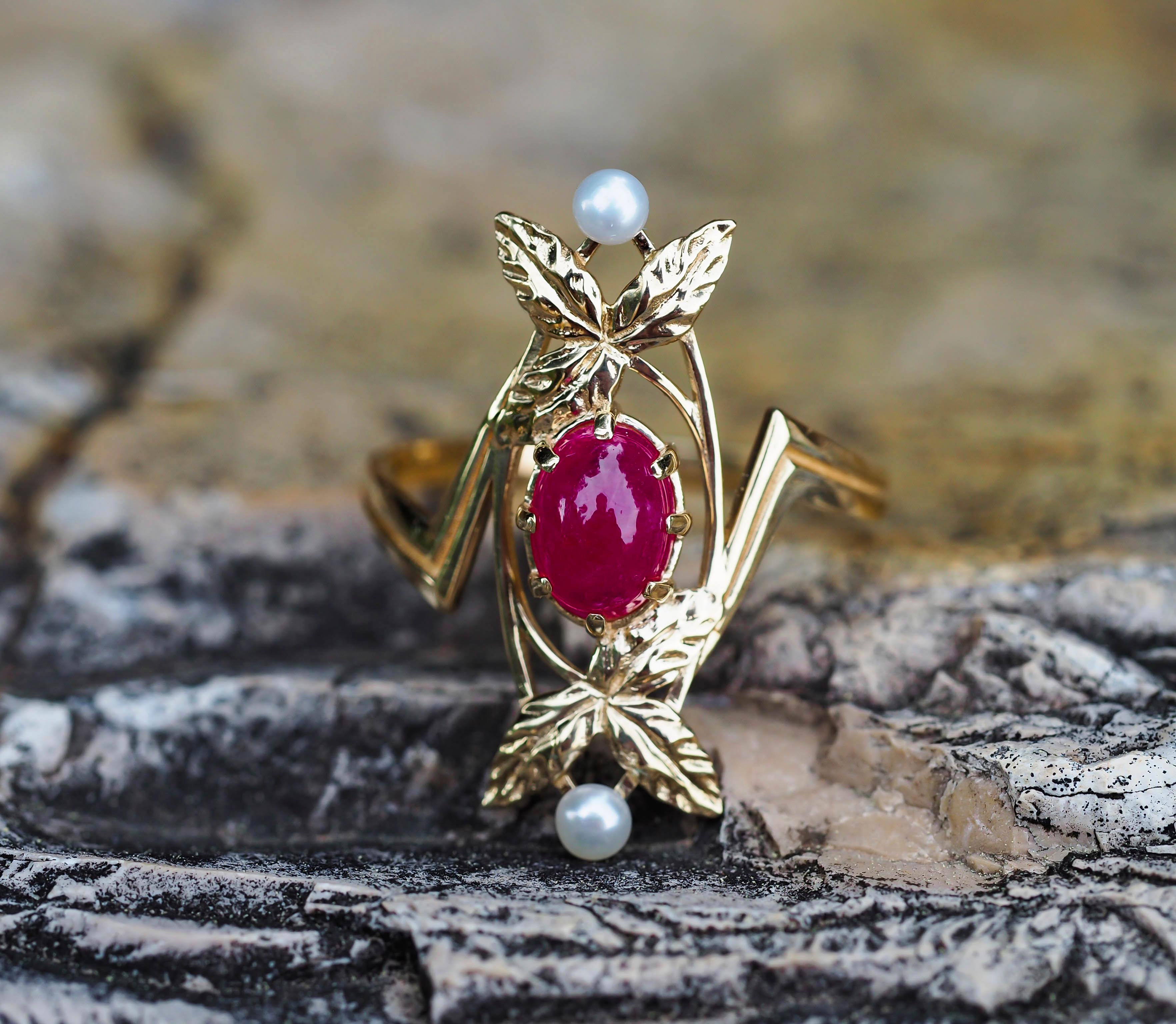 For Sale:  14 Karat Gold Ring with Ruby and Pearls, July Birthstone Ring 9