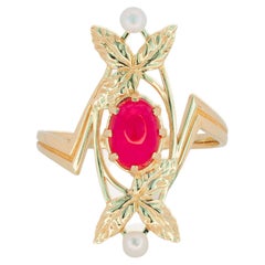 14 Karat Gold Ring with Ruby and Pearls. July birthstone ring