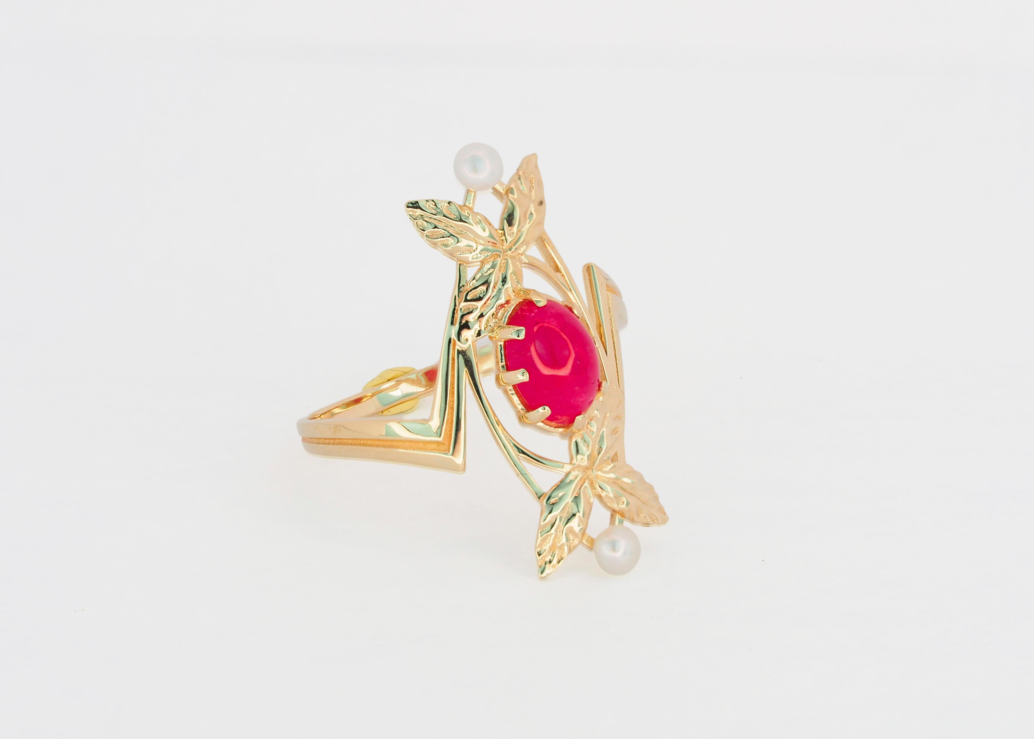 Modern 14k Gold Ring with Ruby and Pearls, Vintage Style Ring with Ruby