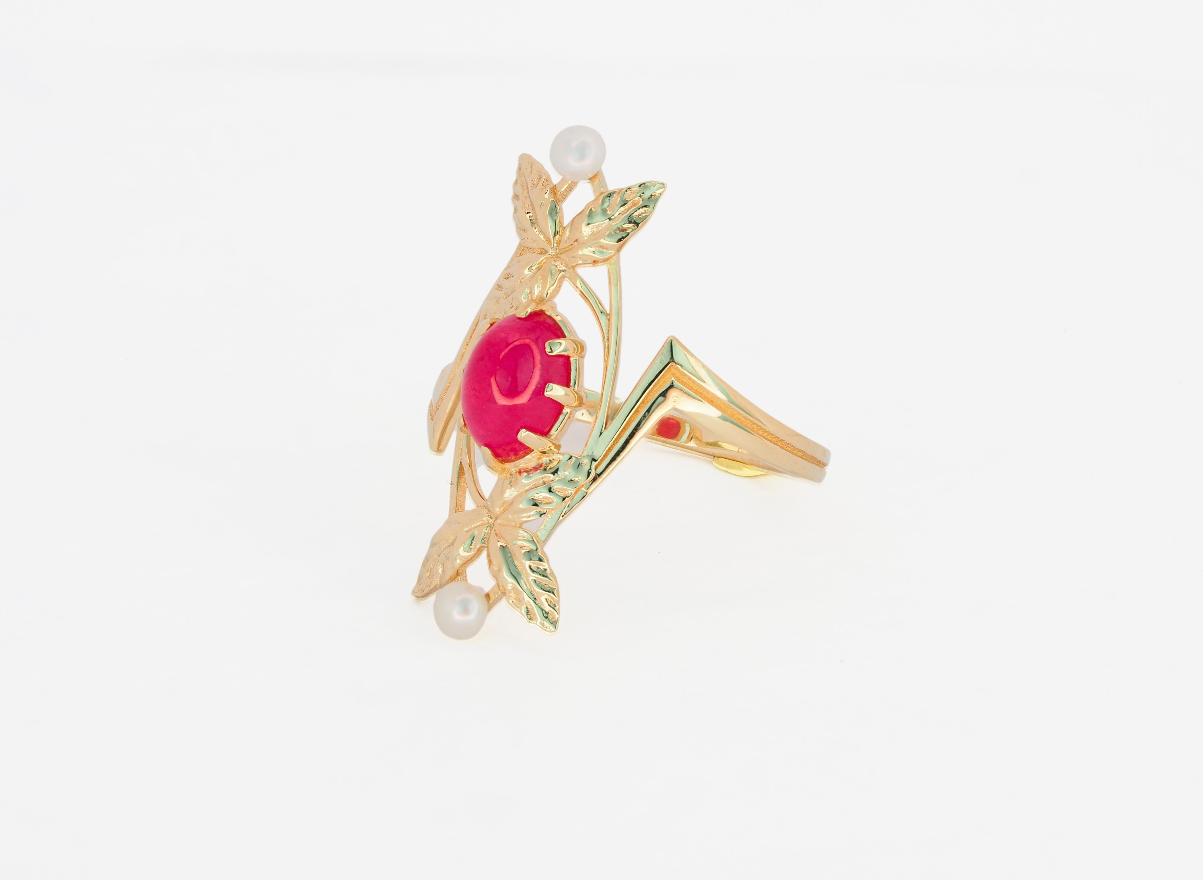 Cabochon 14k Gold Ring with Ruby and Pearls, Vintage Style Ring with Ruby