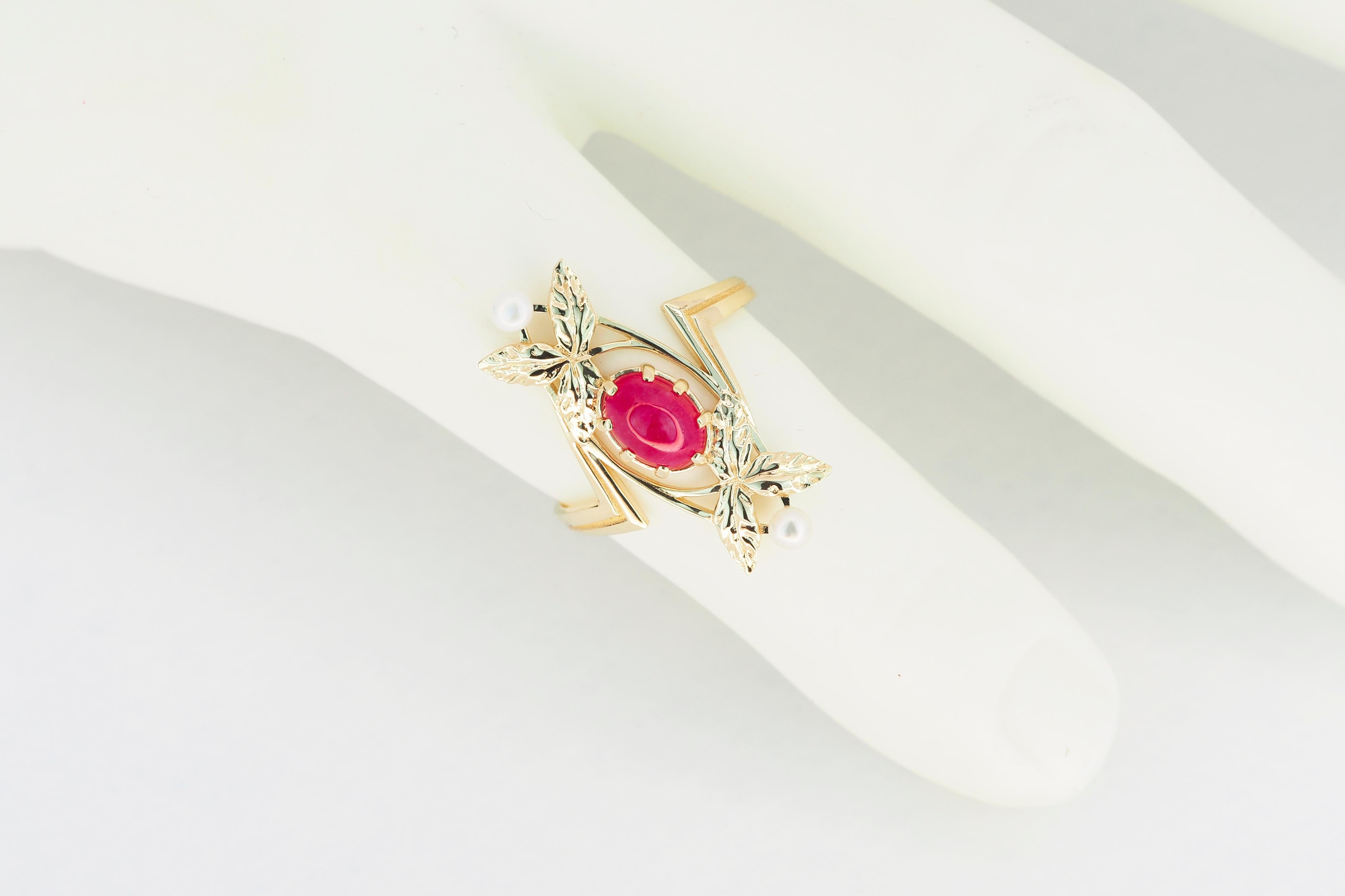 14k Gold Ring with Ruby and Pearls, Vintage Style Ring with Ruby 1