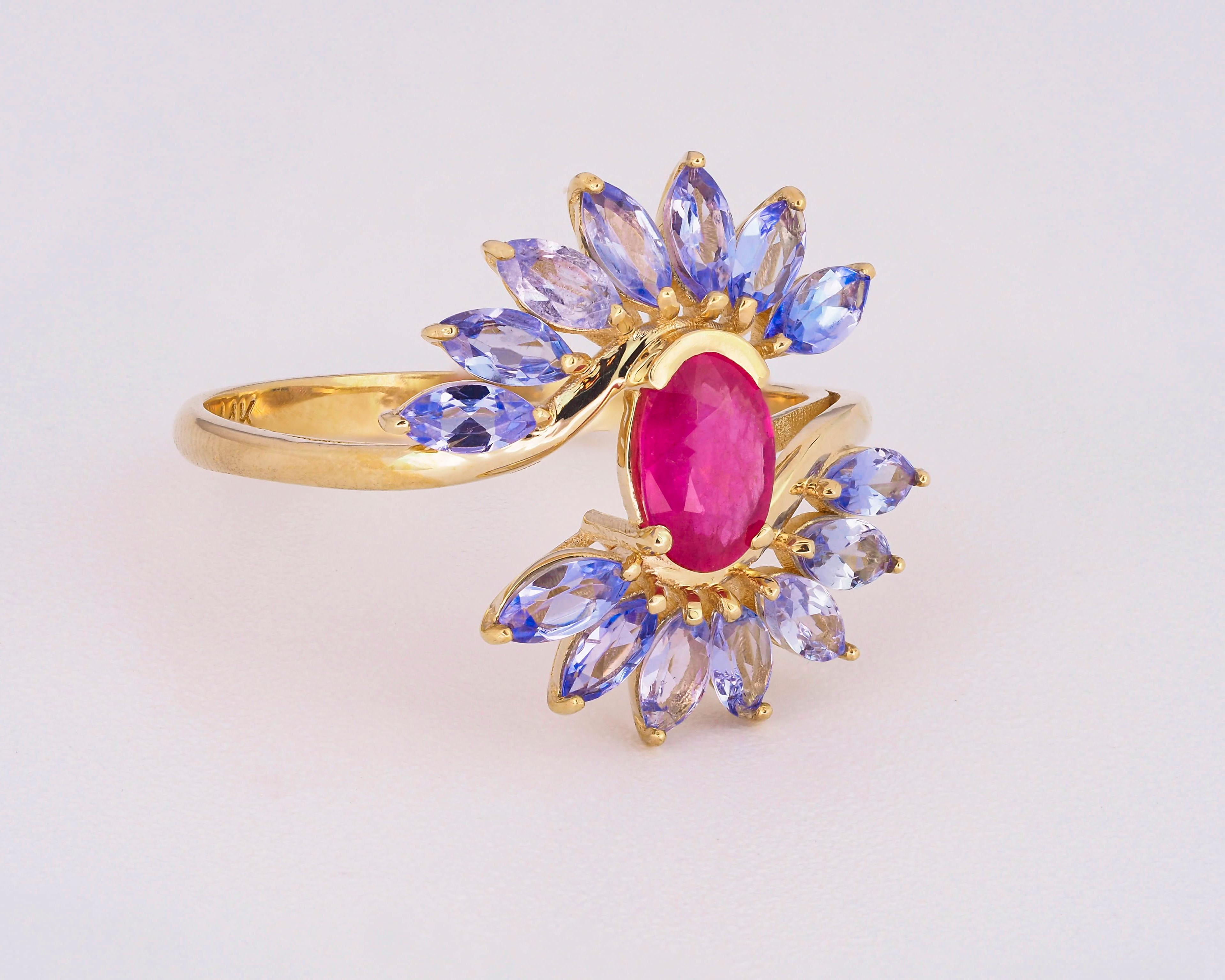 For Sale:  14 karat Gold Ring with Ruby and Tanzanites. Oval ruby ring. Tanzanite ring! 2