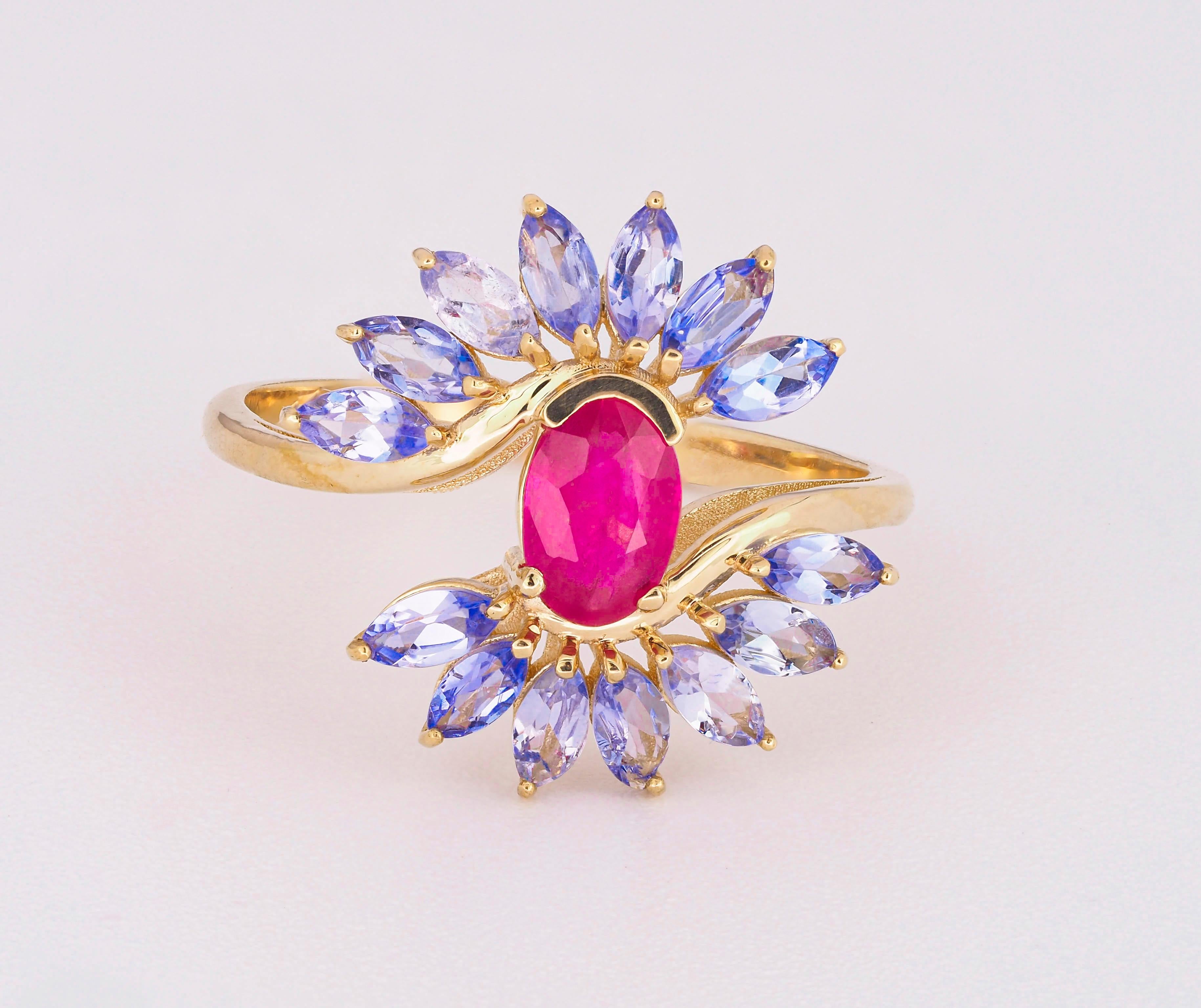 For Sale:  14 karat Gold Ring with Ruby and Tanzanites. Oval ruby ring. Tanzanite ring! 3