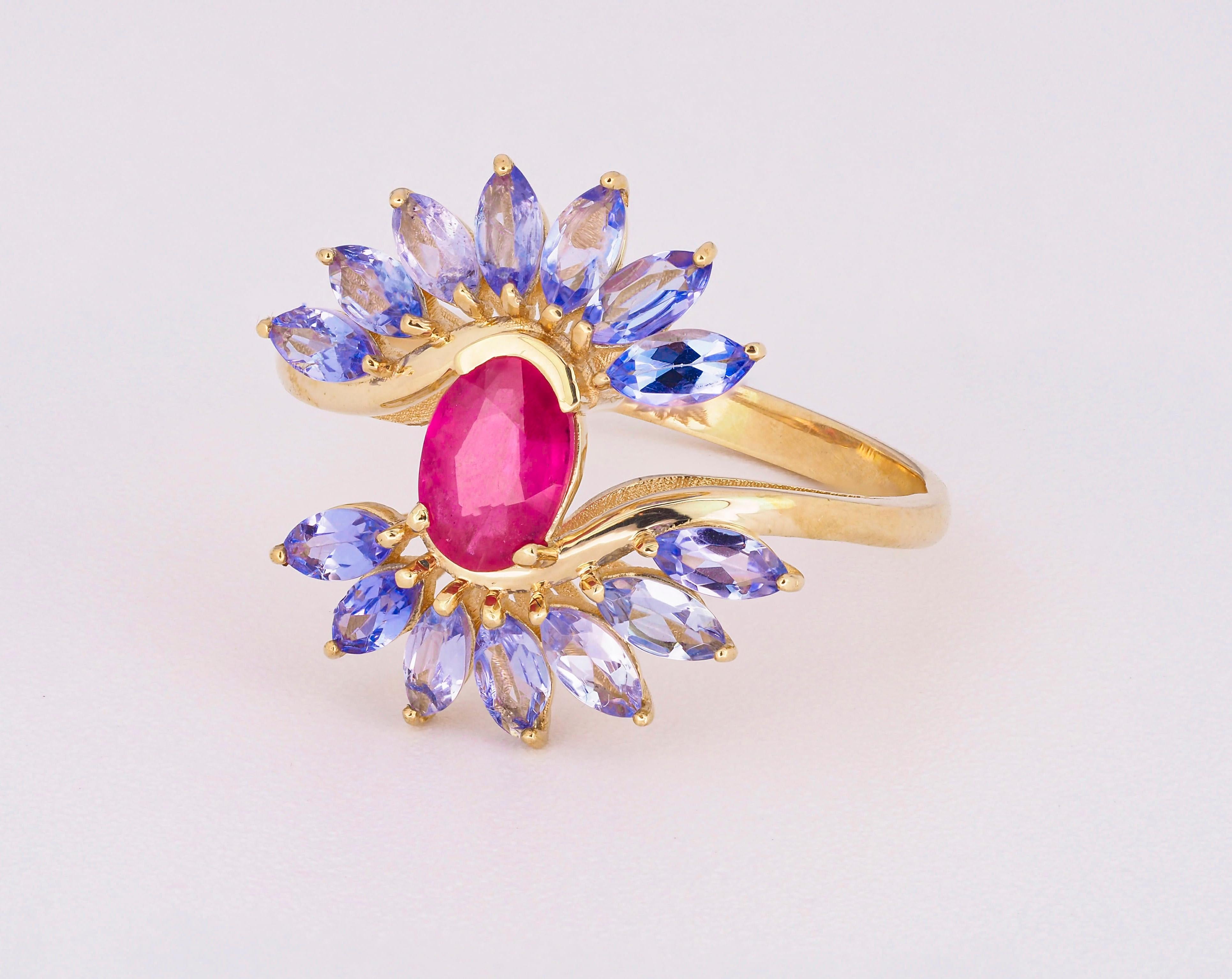 For Sale:  14 karat Gold Ring with Ruby and Tanzanites. Oval ruby ring. Tanzanite ring! 4