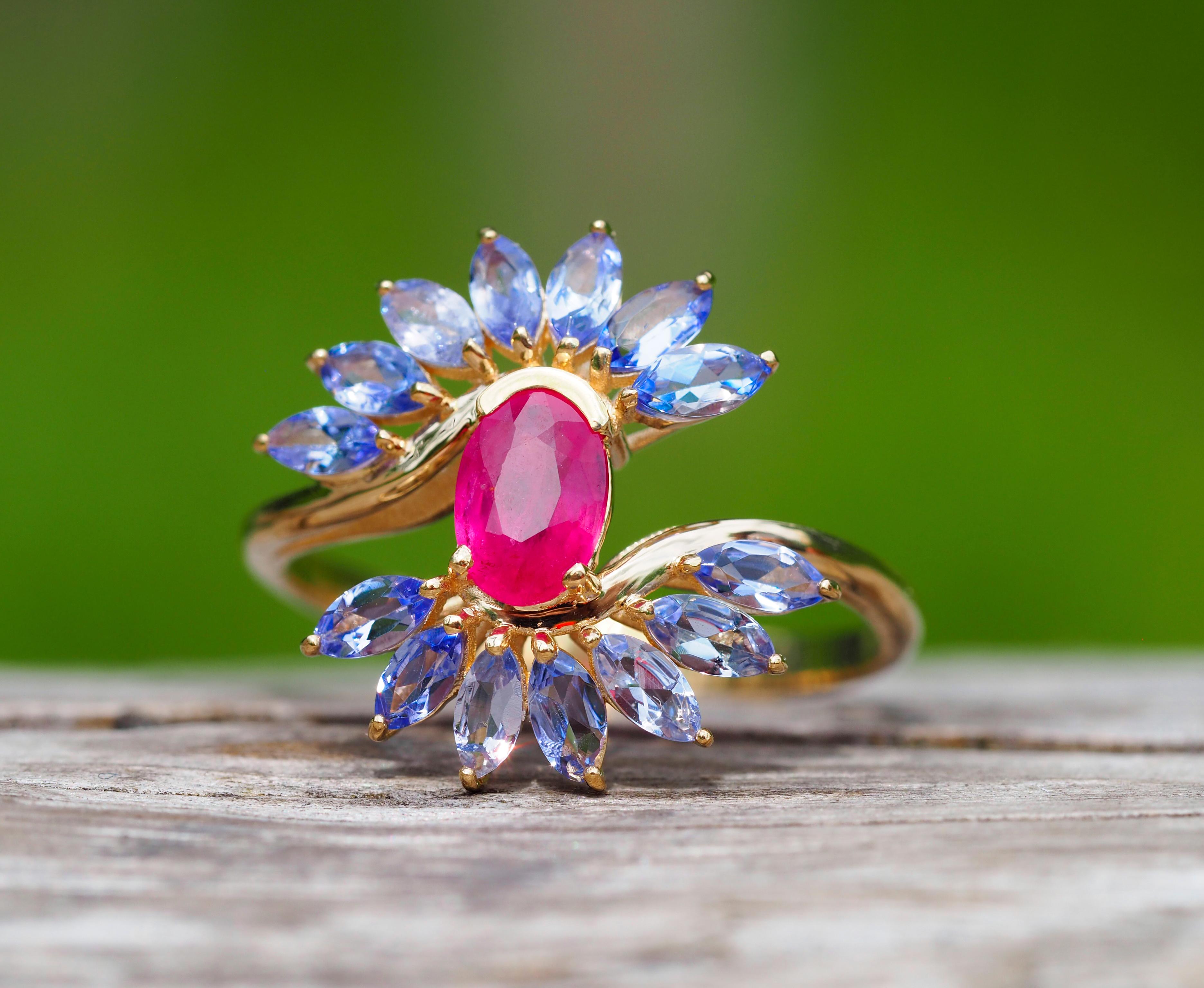 For Sale:  14k Gold Ring with Ruby and Tanzanites. 6