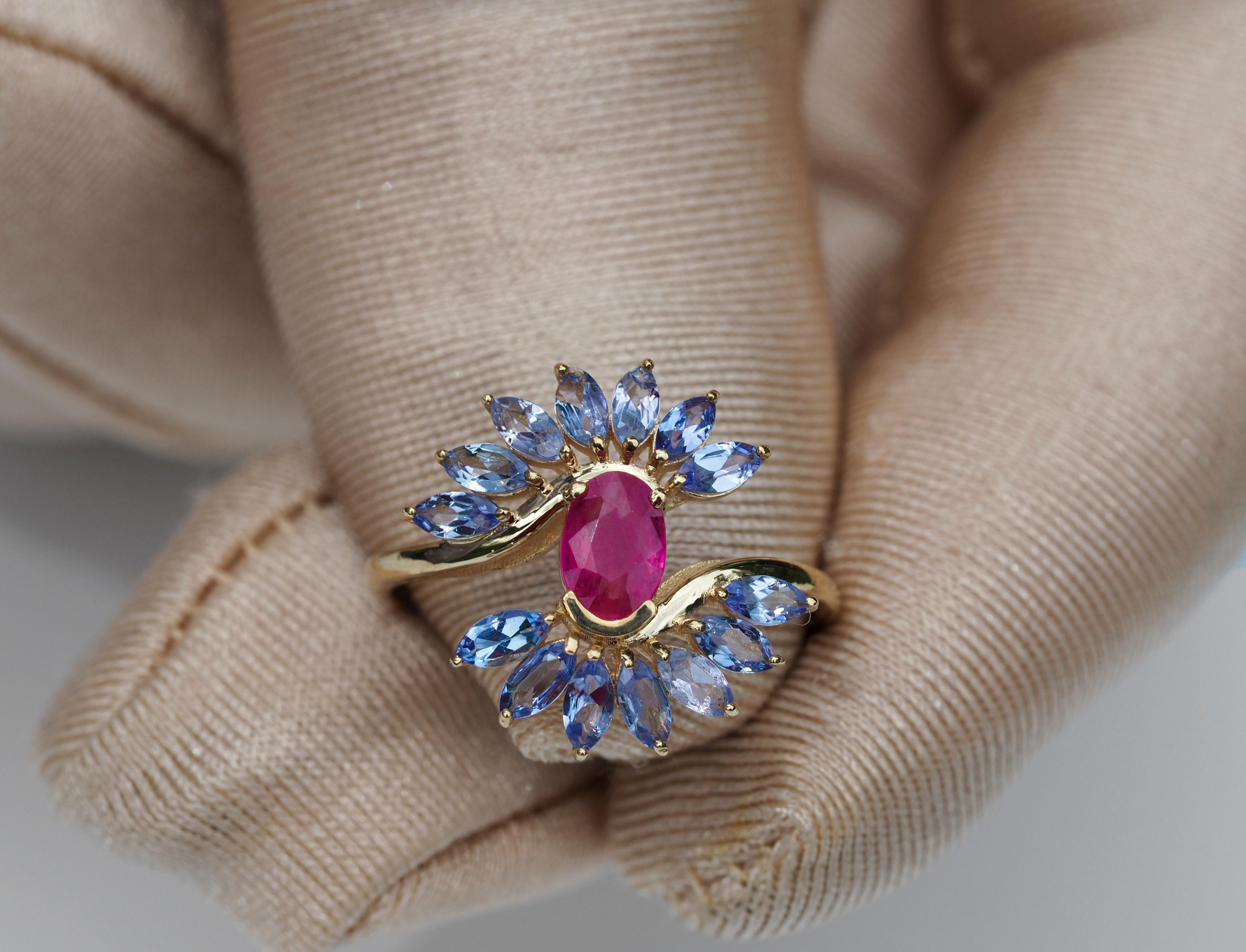 For Sale:  14 karat Gold Ring with Ruby and Tanzanites. Oval ruby ring. Tanzanite ring! 7