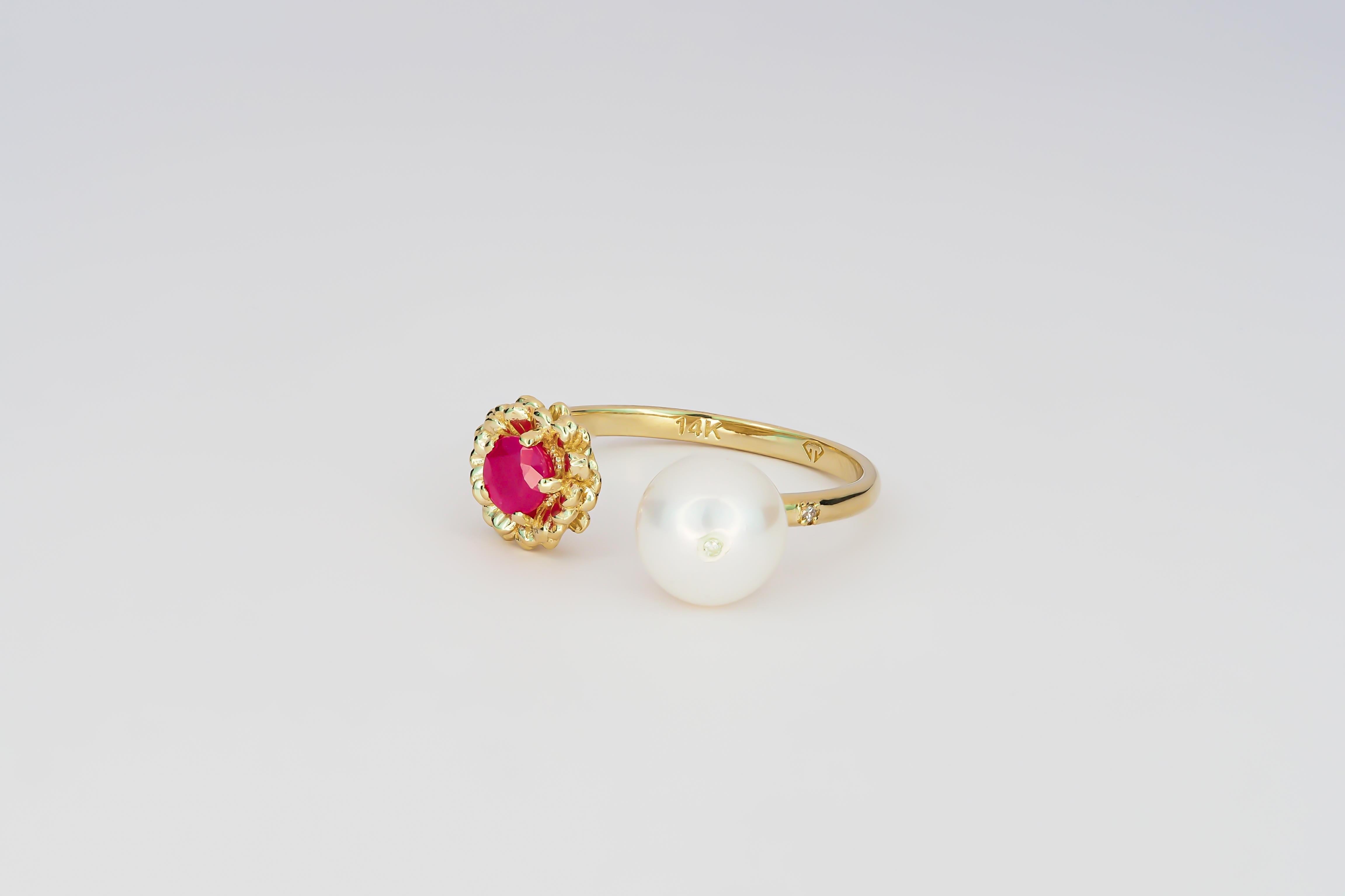 Im Angebot: 14 Karat Gold Ring mit Rubin, Perle und Diamant, Blumenring () 2