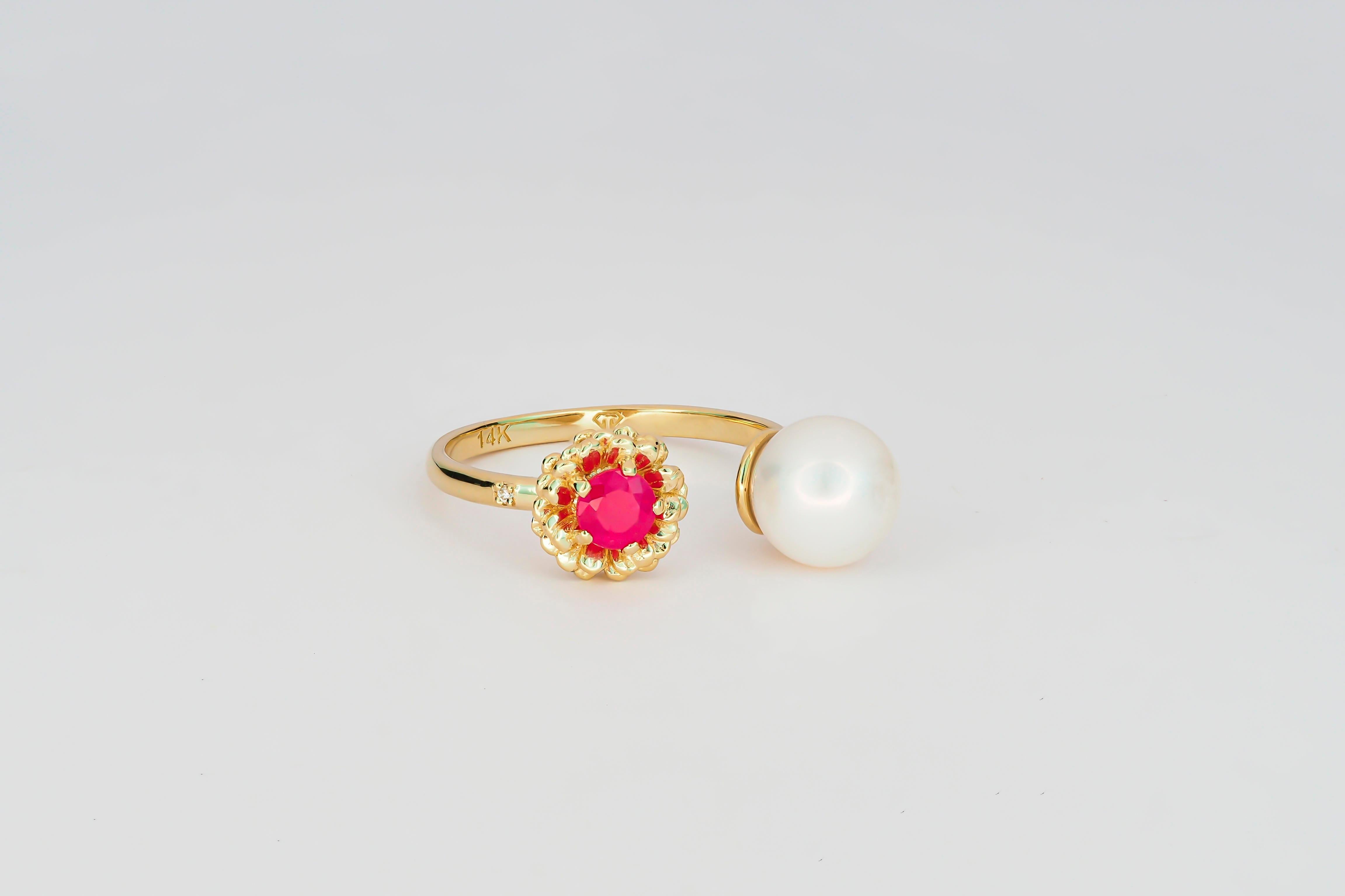 En vente :  Bague en or 14k avec rubis, perle et diamant, bague fleur 5