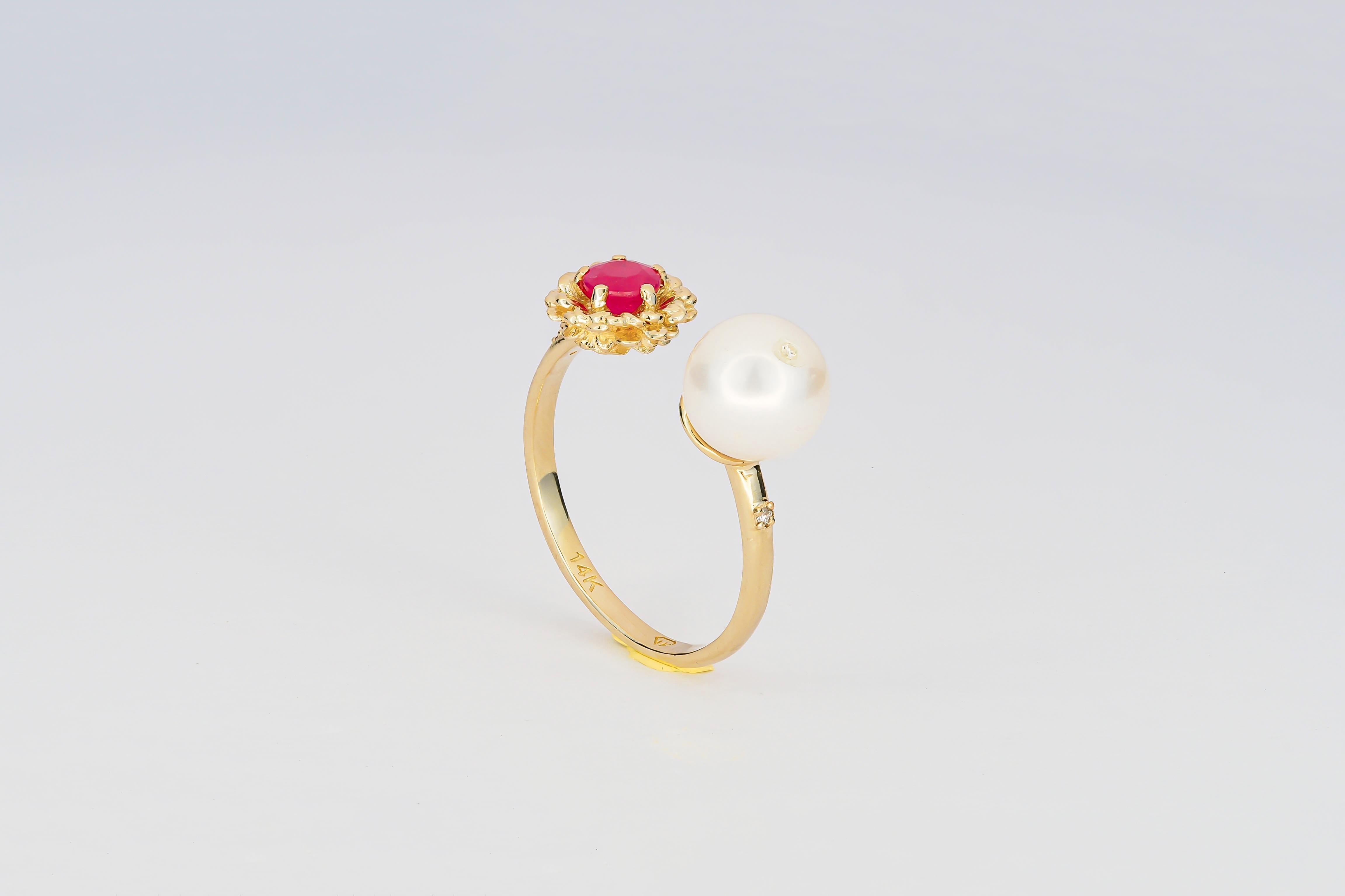 En vente :  Bague en or 14k avec rubis, perle et diamant, bague fleur 4