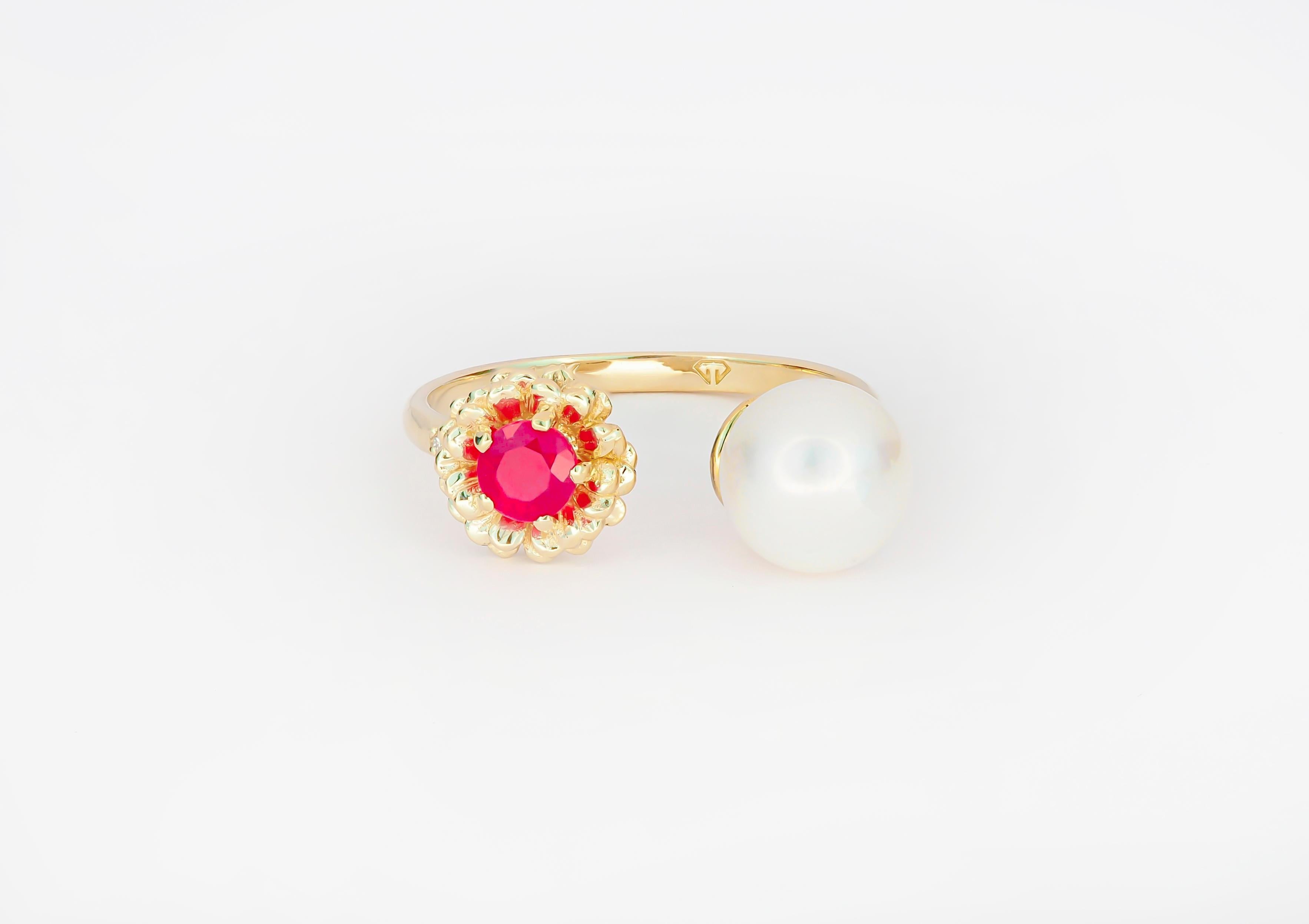 En vente :  Bague en or 14k avec rubis, perle et diamant, bague fleur 6