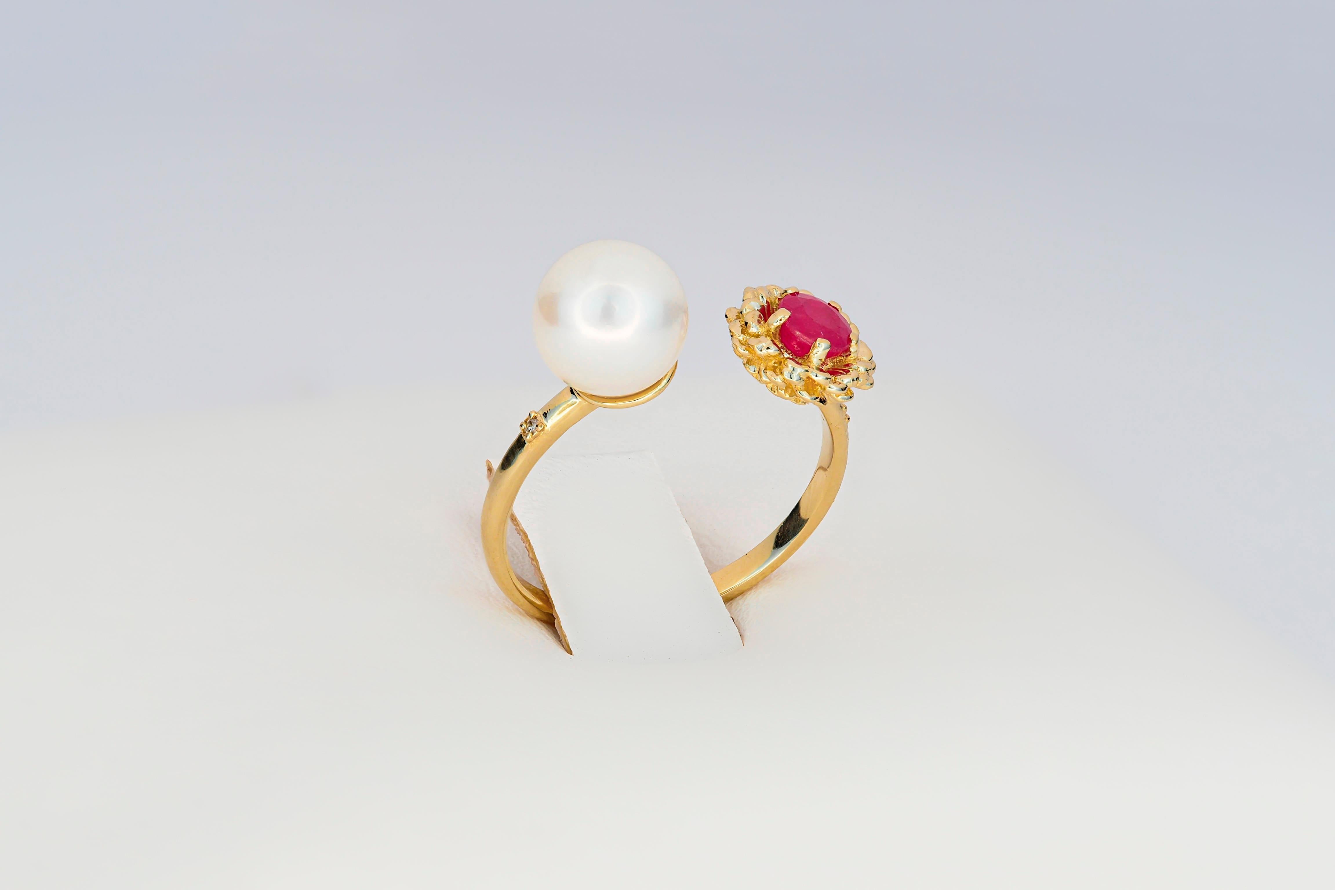En vente :  Bague en or 14k avec rubis, perle et diamant, bague fleur 8