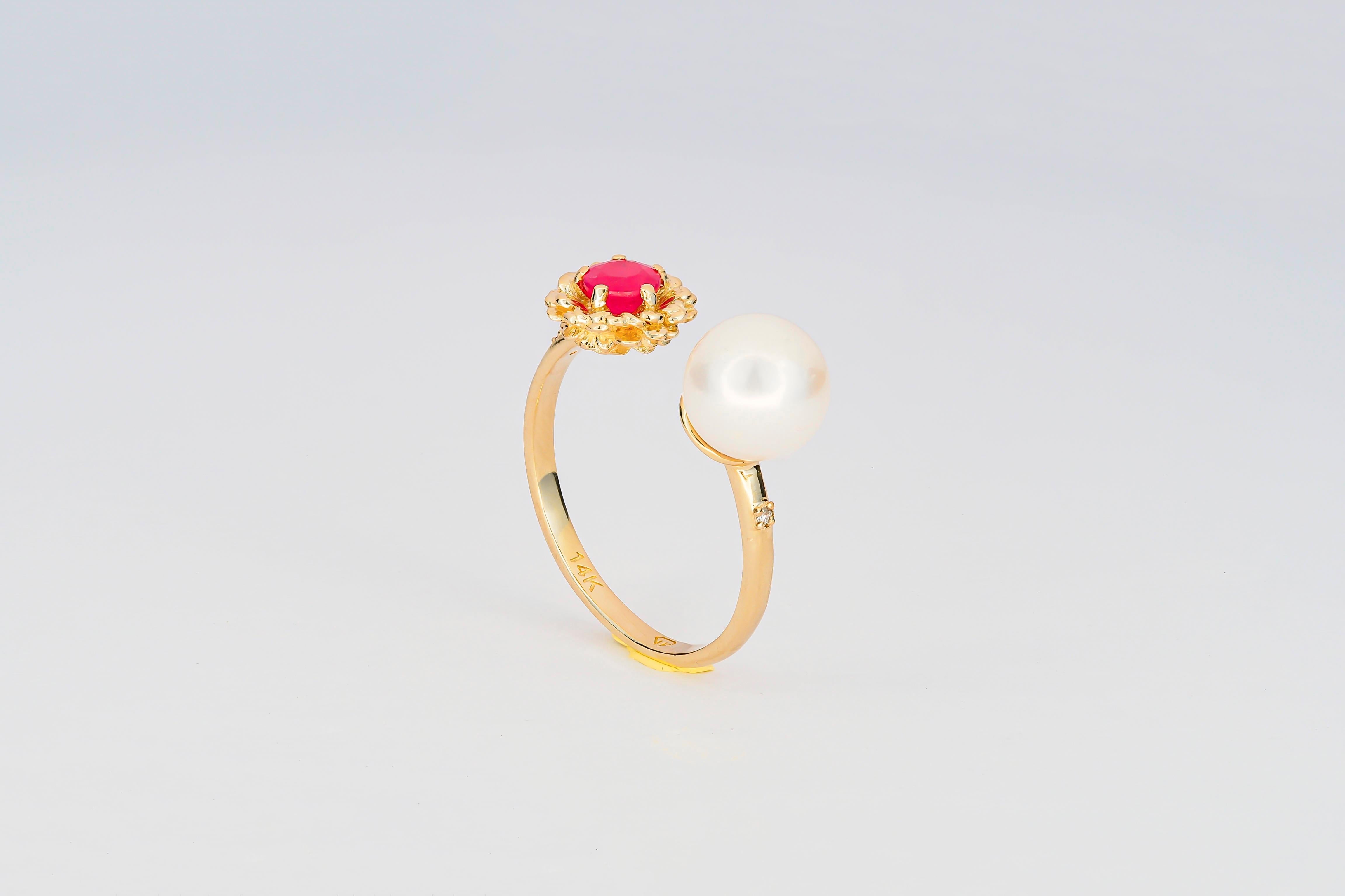 En vente :  Bague en or 14k avec rubis, perle et diamant, bague fleur 9