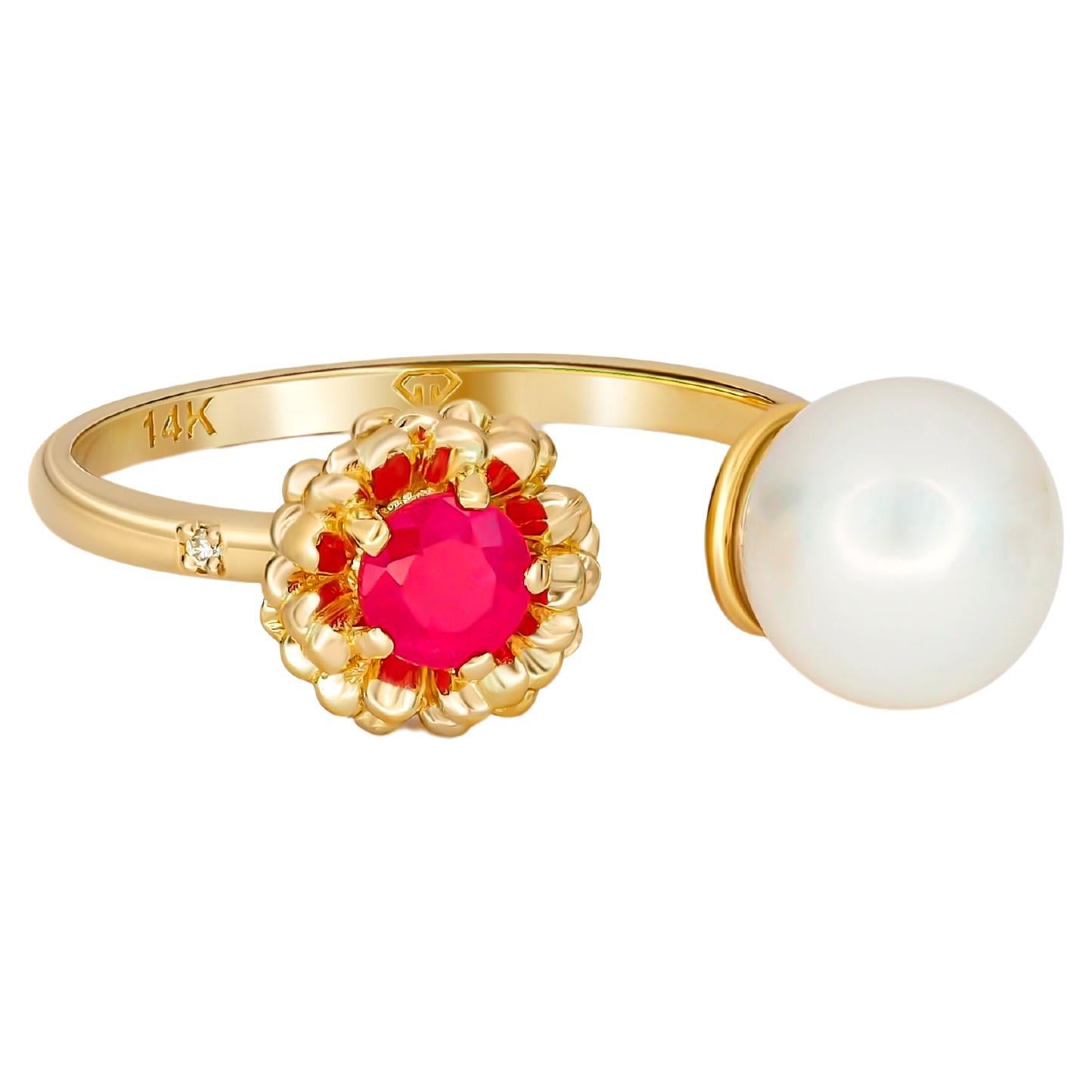 Im Angebot: 14 Karat Gold Ring mit Rubin, Perle und Diamant, Blumenring ()