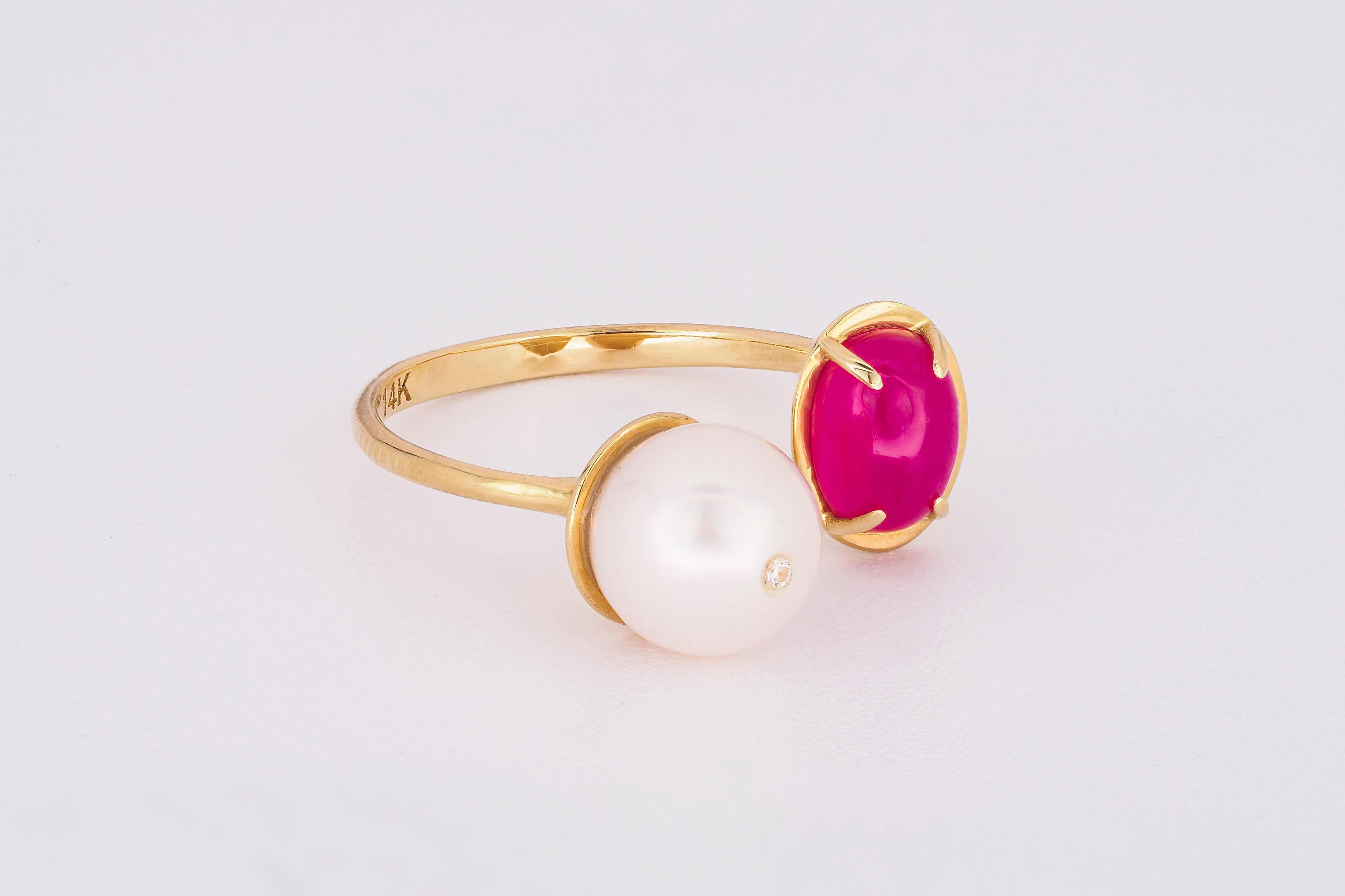 For Sale:  Oval cabochon ruby ring in 14 karat gold. Ruby and pearl ring 4