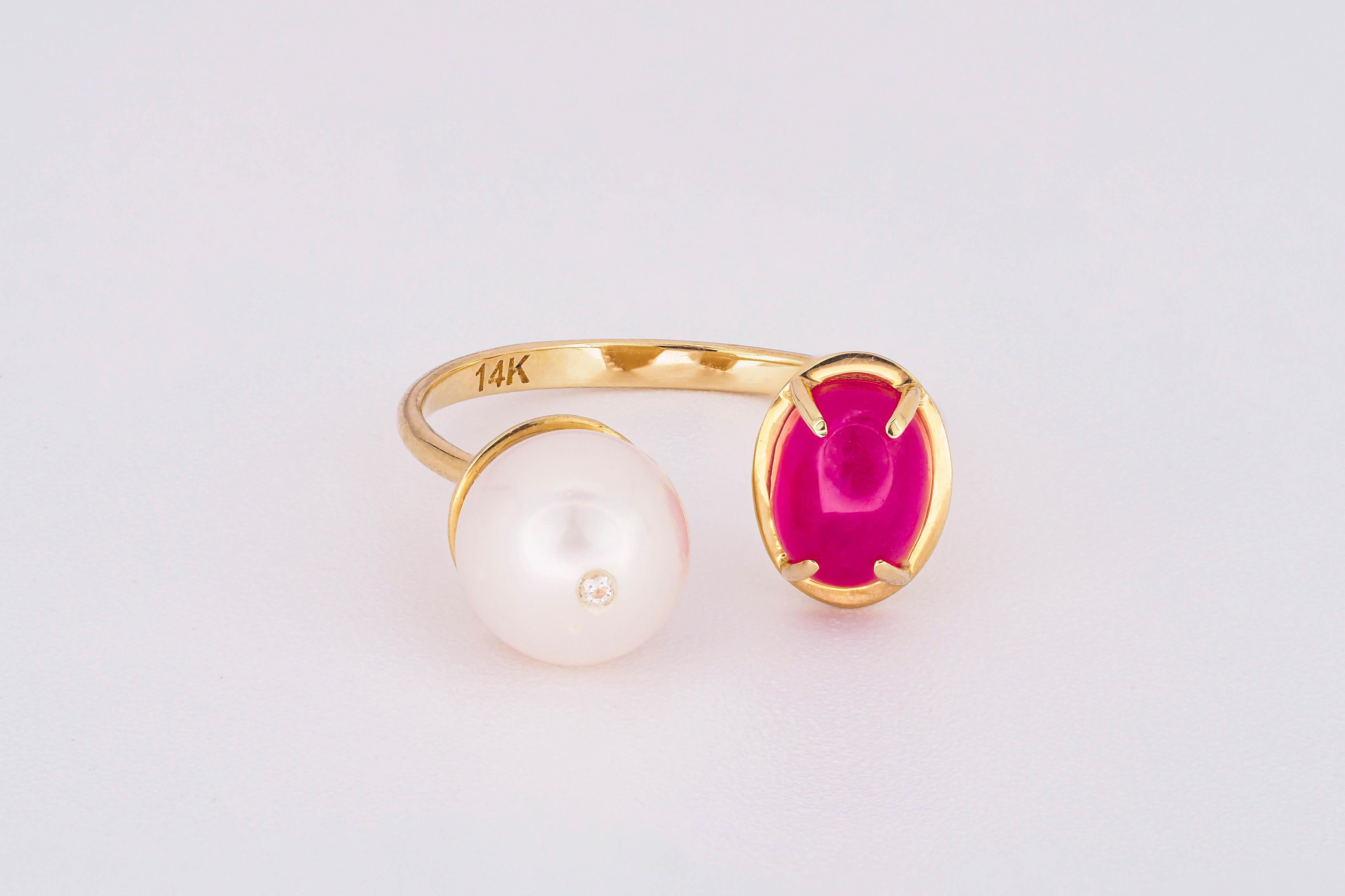 For Sale:  Oval cabochon ruby ring in 14 karat gold. Ruby and pearl ring 5