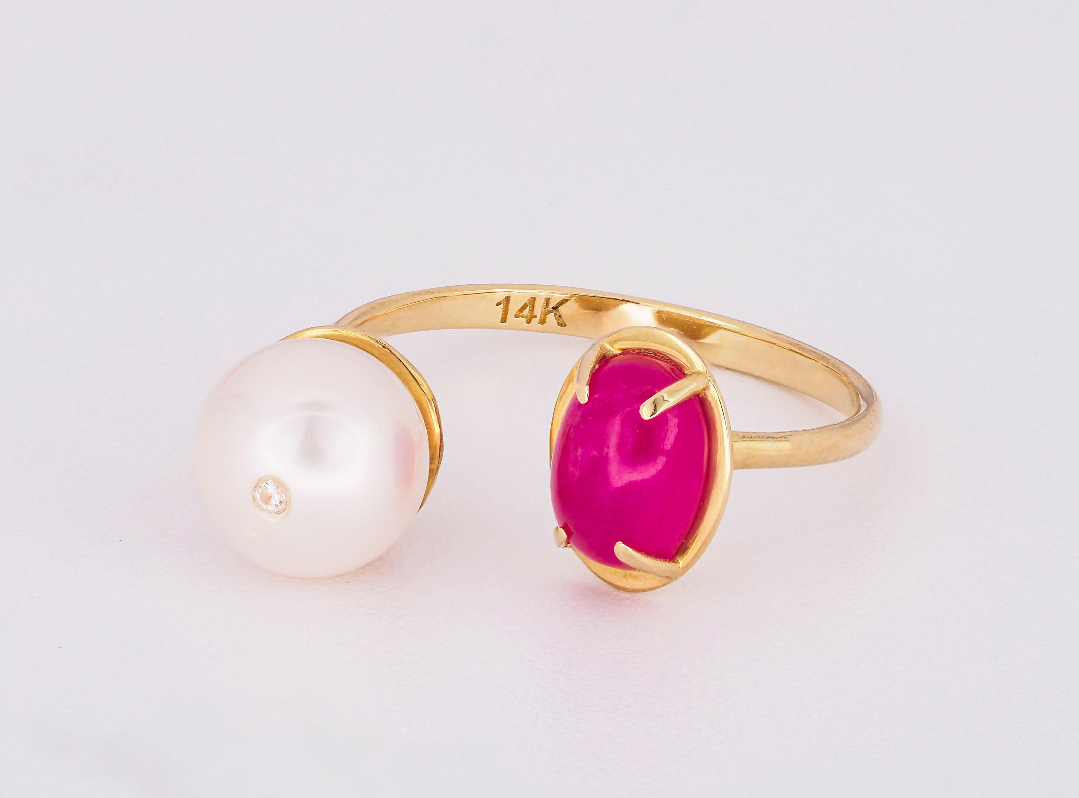 For Sale:  Oval cabochon ruby ring in 14 karat gold. Ruby and pearl ring 6