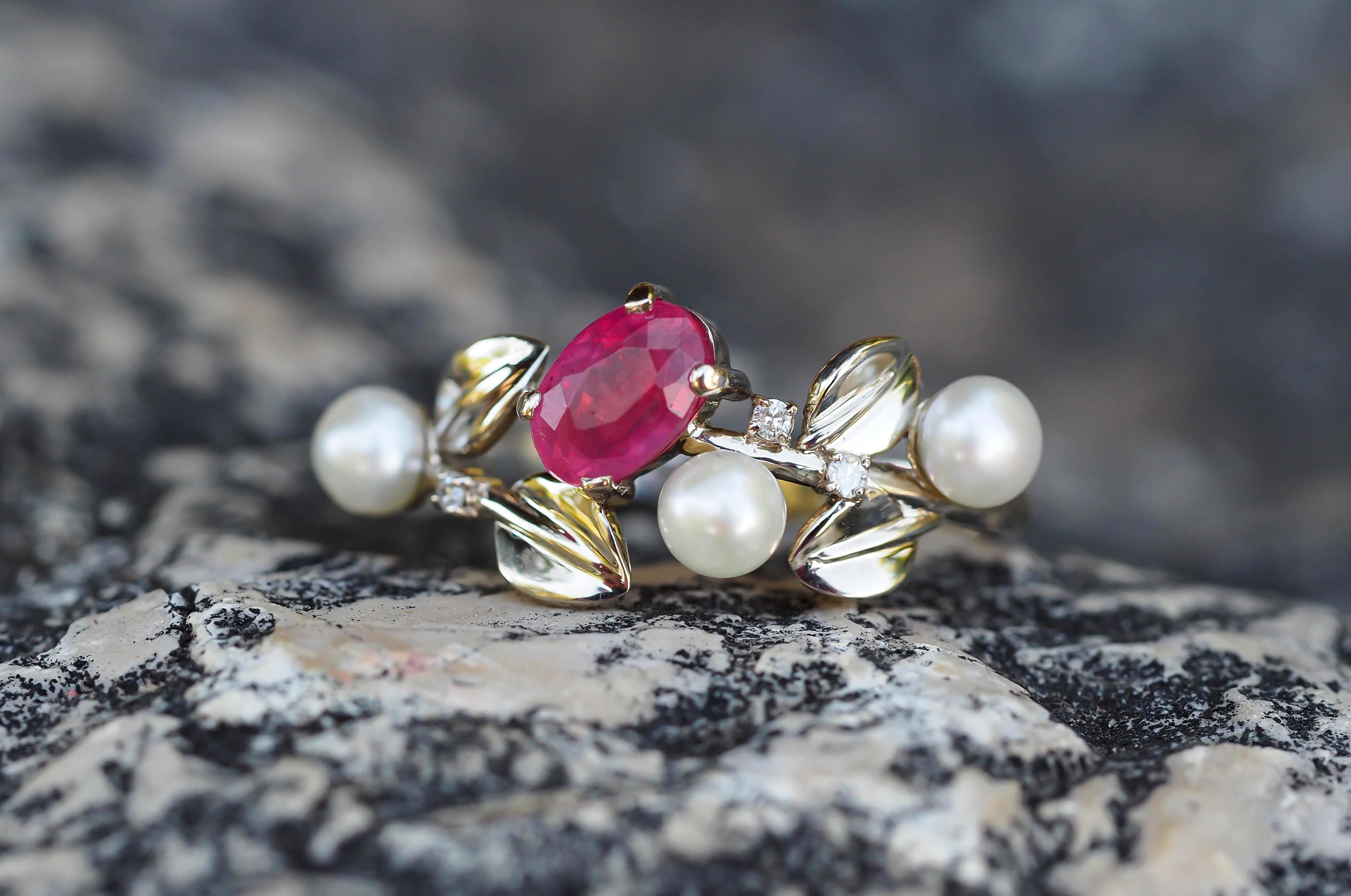 For Sale:  14k Gold Ring with Ruby, Pearls and Diamonds. July birthstone ruby ring 13