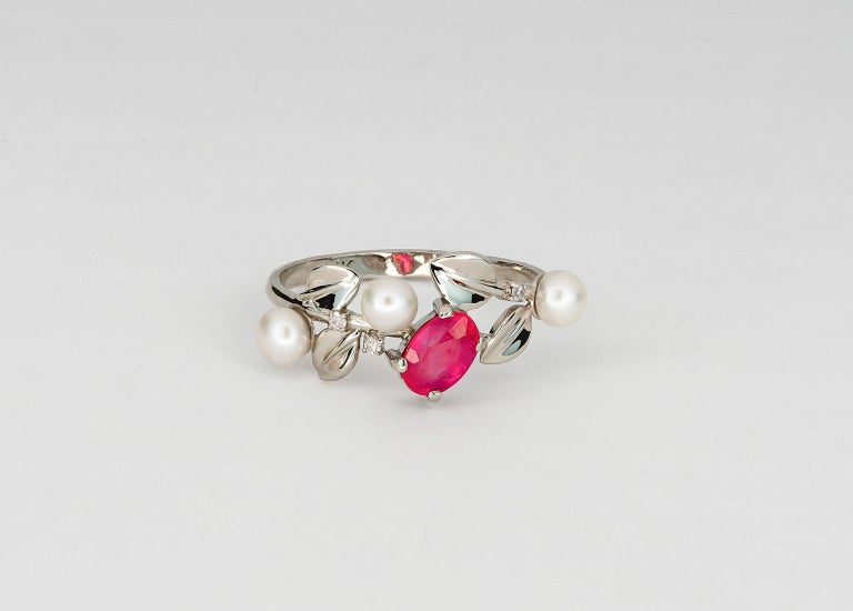 For Sale:  14k Gold Ring with Ruby, Pearls and Diamonds. July birthstone ruby ring 2
