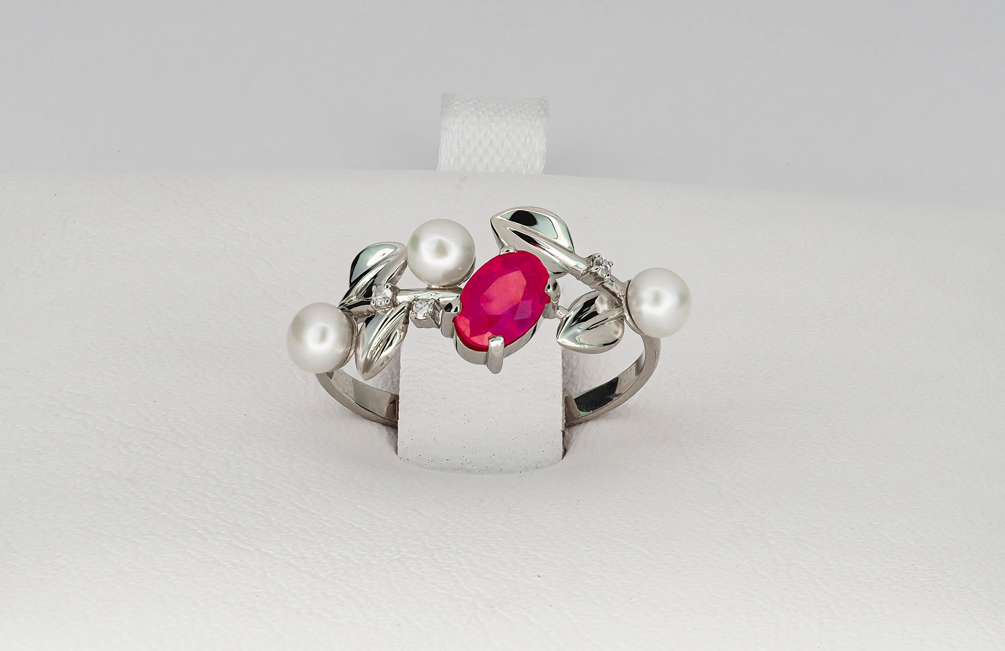 For Sale:  14k Gold Ring with Ruby, Pearls and Diamonds. July birthstone ruby ring 7