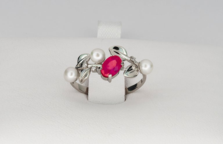 For Sale:  14k Gold Ring with Ruby, Pearls and Diamonds. July birthstone ruby ring 7