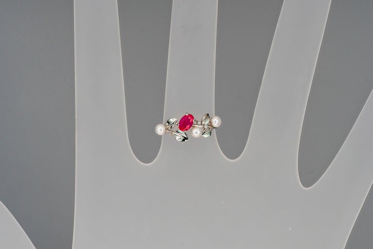 For Sale:  14k Gold Ring with Ruby, Pearls and Diamonds. July birthstone ruby ring 9