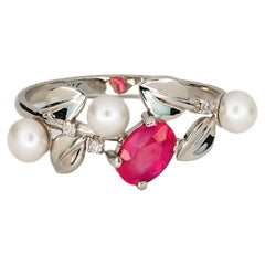 14k Gold Ring with Ruby, Pearls and Diamonds. July birthstone ruby ring