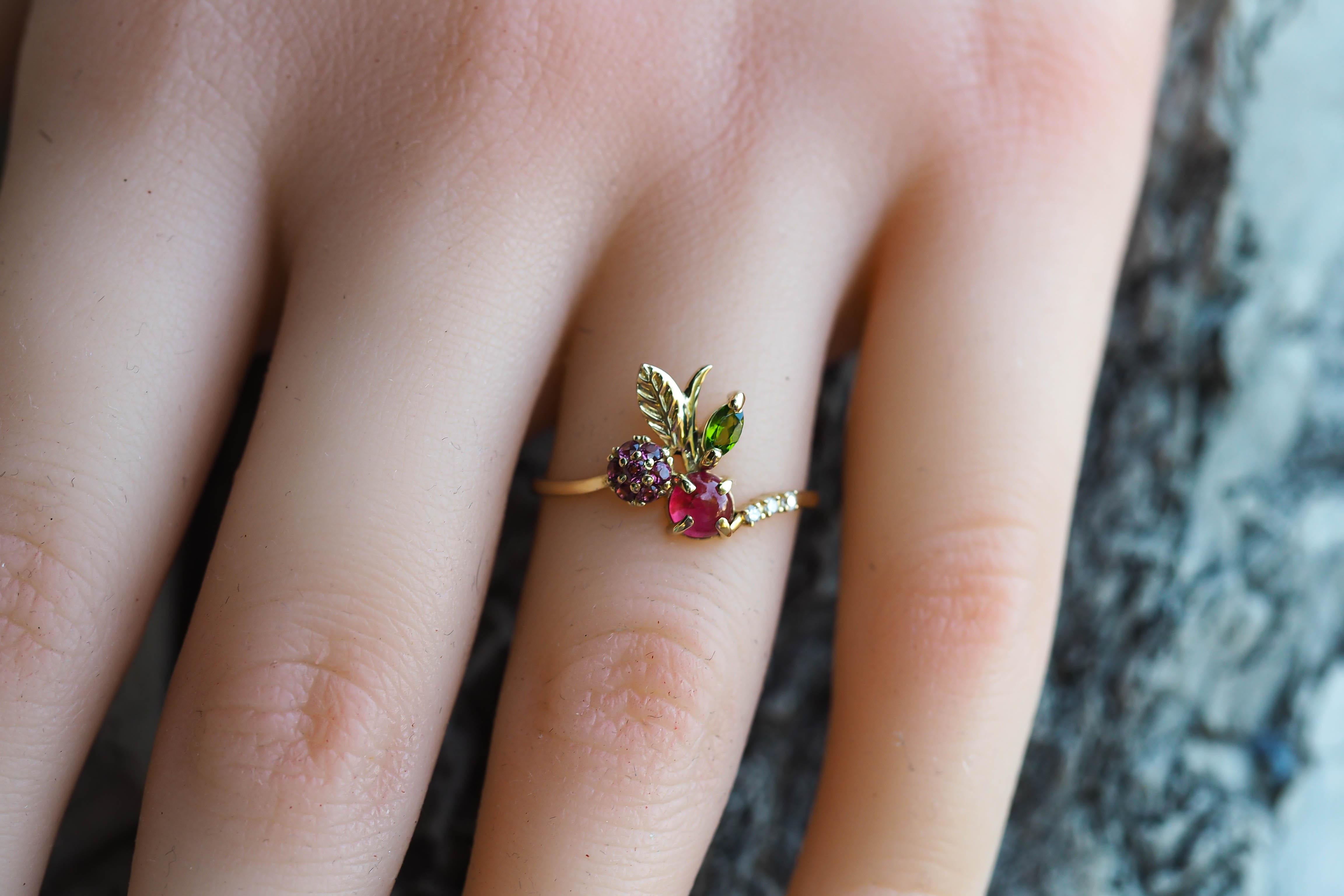 For Sale:  14k Gold Ring with Ruby, Rose Sapphires, Tourmaline and Diamonds Cherry Ring 10