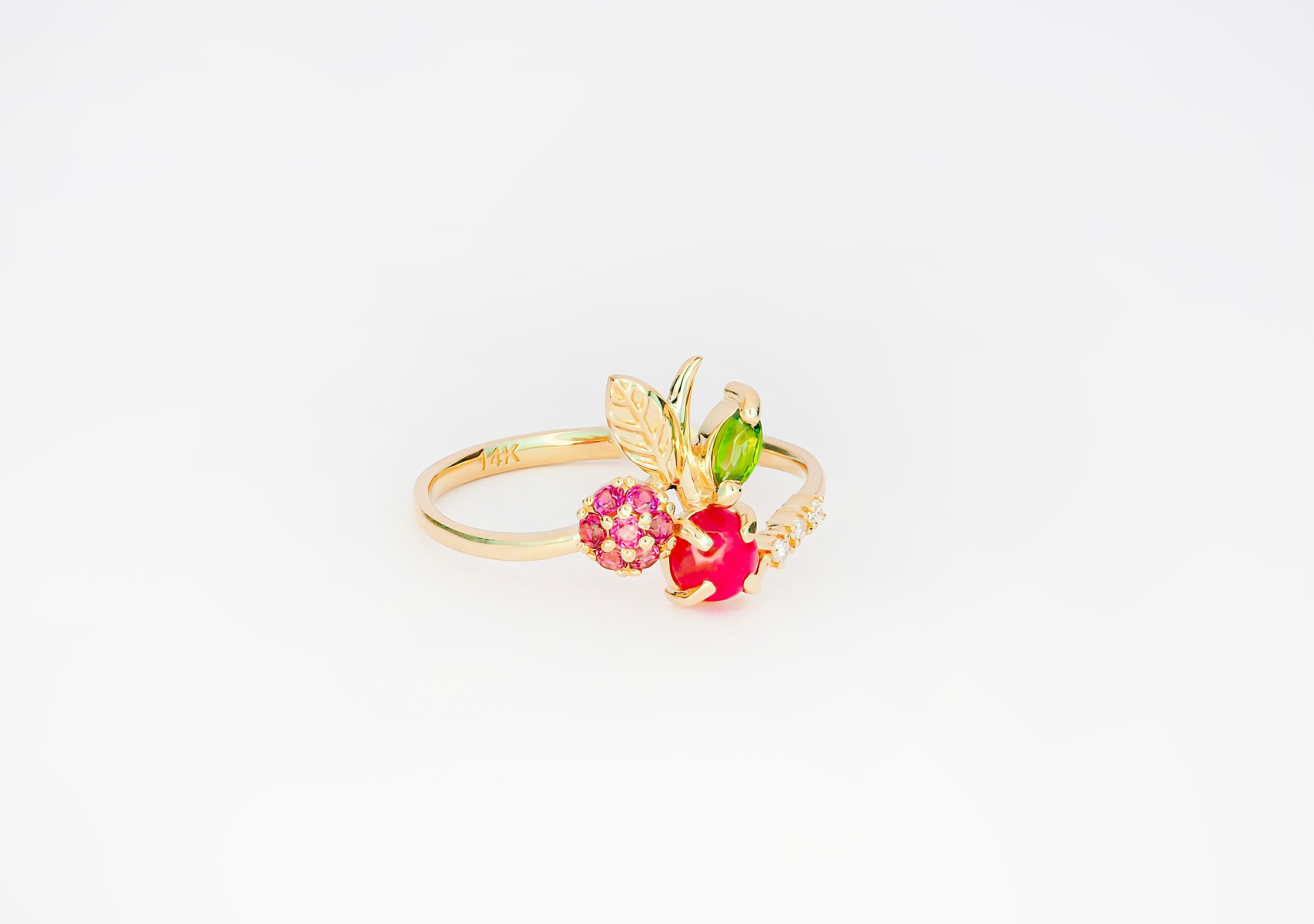 For Sale:  14k Gold Ring with Ruby, Rose Sapphires, Tourmaline and Diamonds Cherry Ring 2